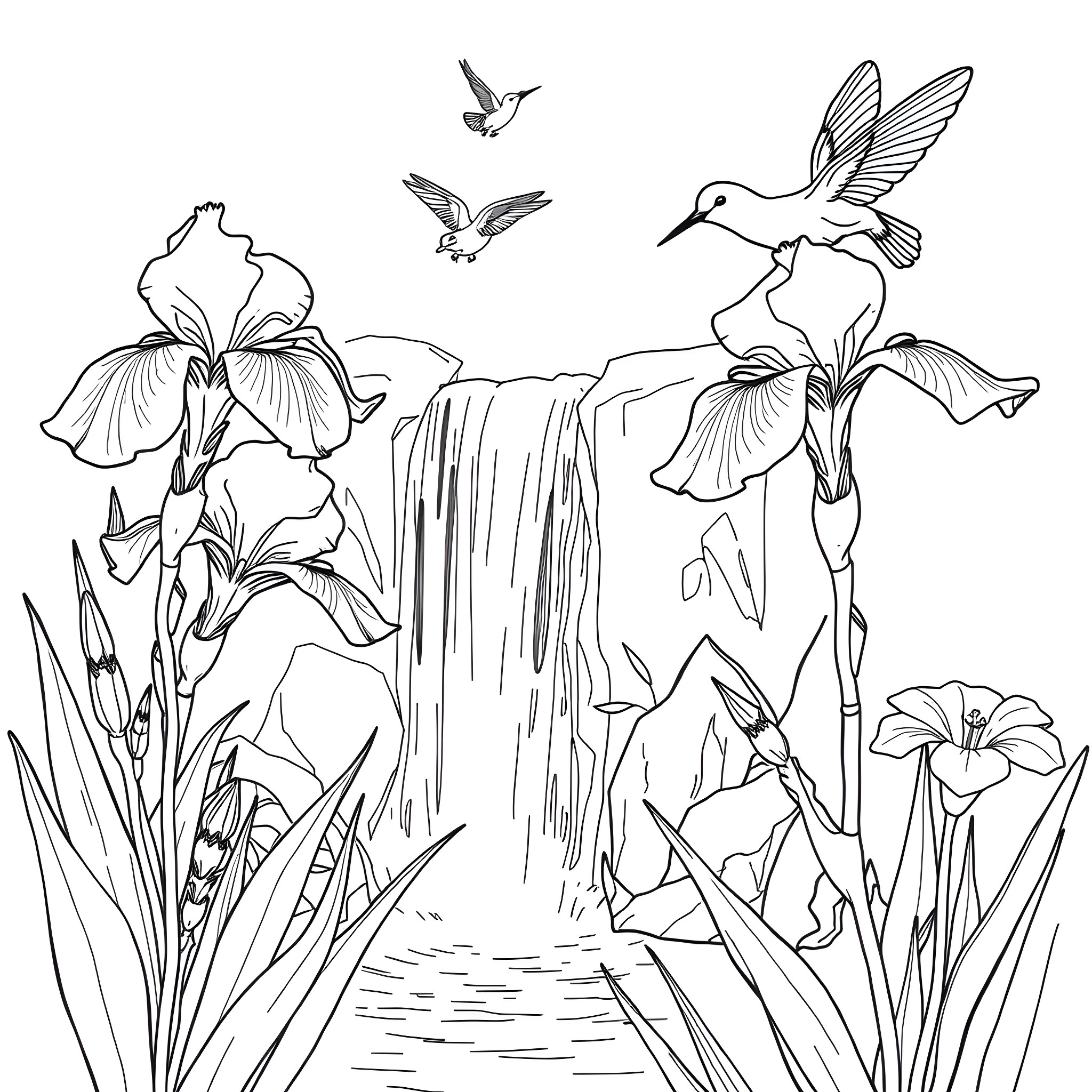 Iris hummingbird hovering near waterfall and flowers Coloring Page (free black-and-white line drawing printable PDF for all, from beginners to advanced learners, including children, teens, adults, and seniors)
