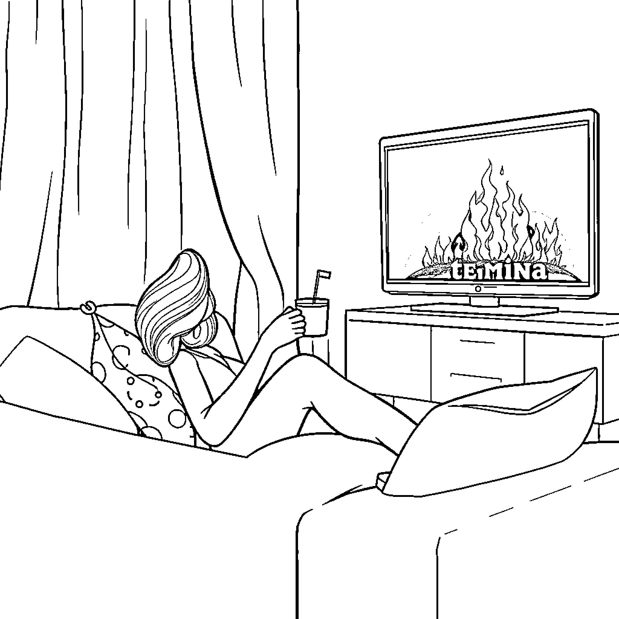 Chica relaxing and watching television Coloring Page (free black-and-white line drawing printable PDF for all, from beginners to advanced learners, including children, teens, adults, and seniors)