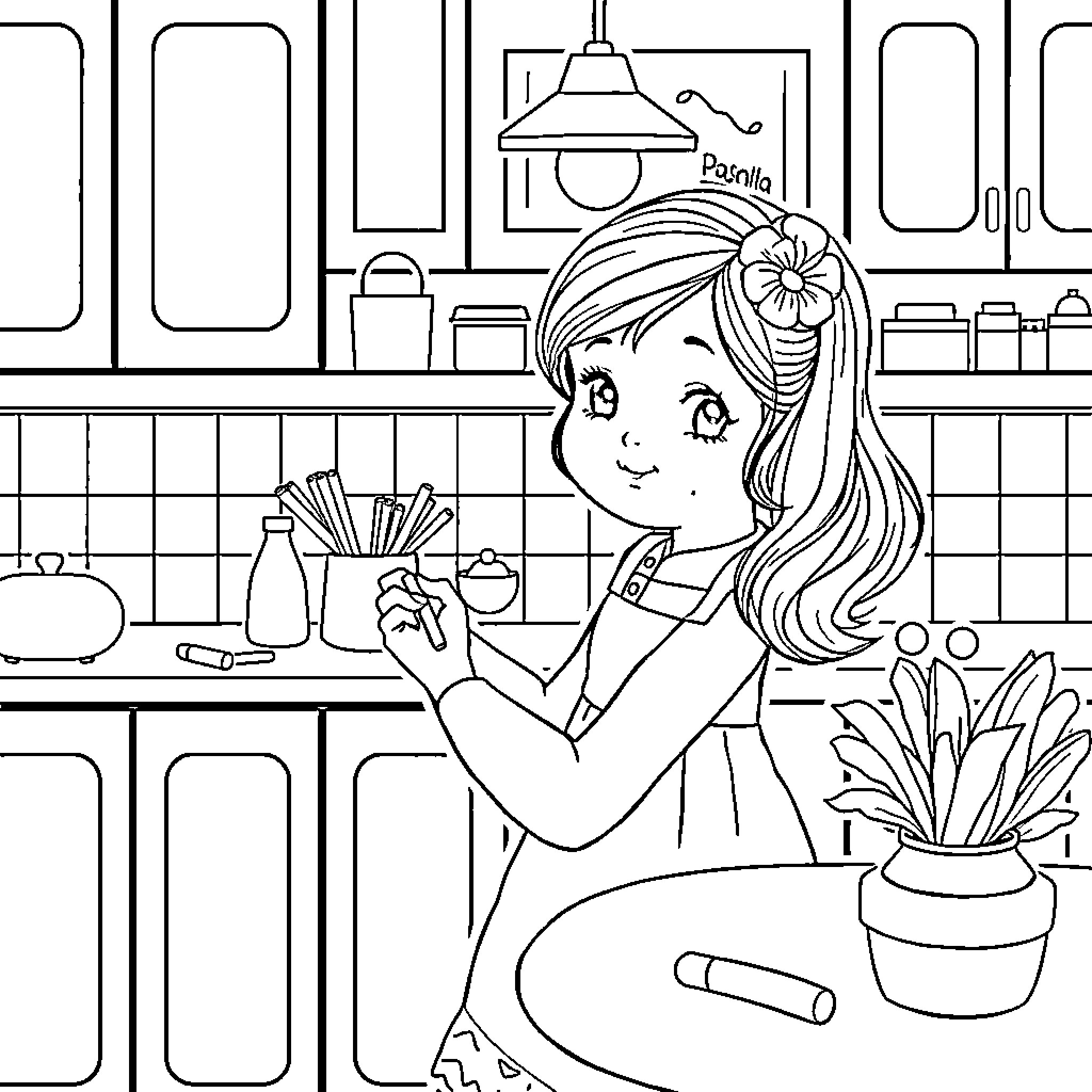 Baker preparing delightful treats in the kitchen Coloring Page (free black-and-white line drawing printable PDF for all, from beginners to advanced learners, including children, teens, adults, and seniors)