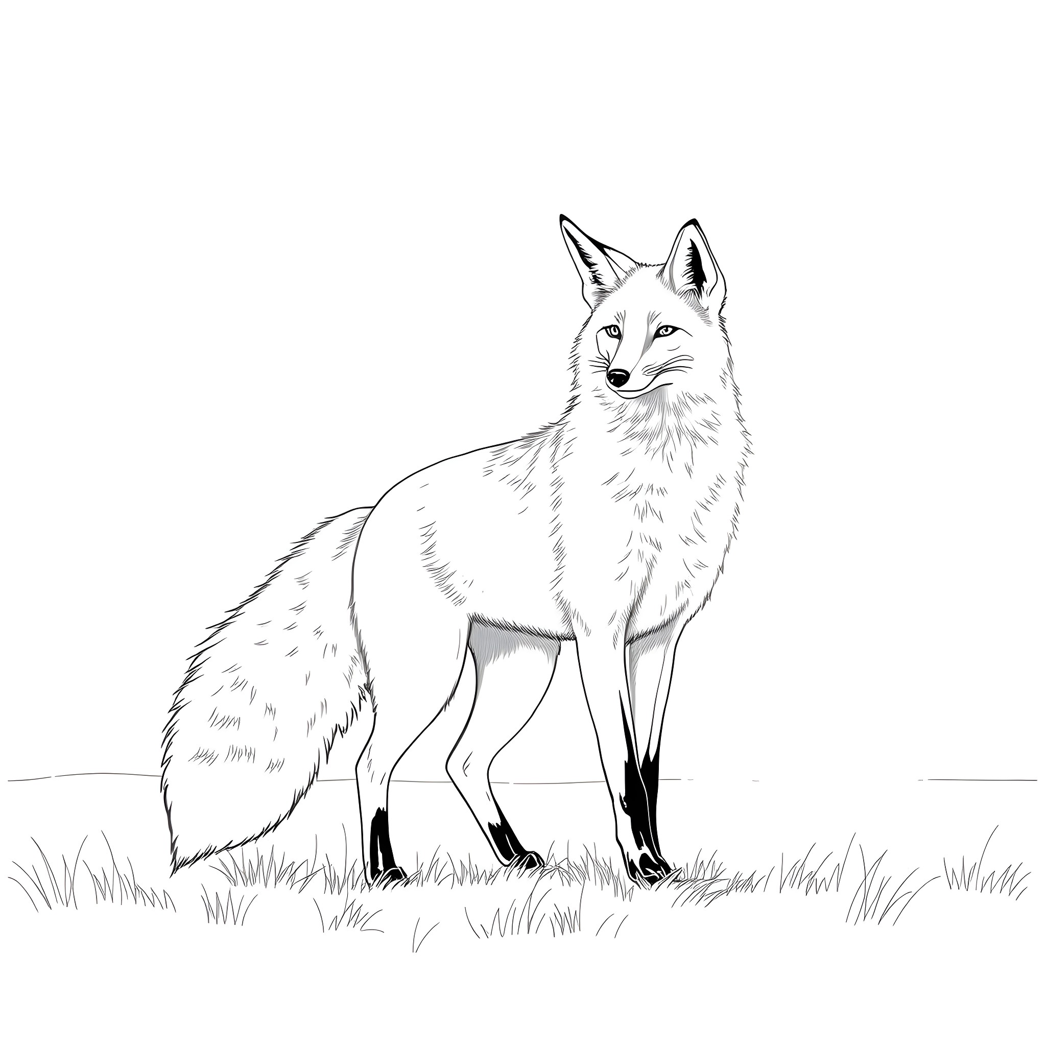 Fox standing alert in the wild Coloring Page (free black-and-white line drawing printable PDF for all, from beginners to advanced learners, including children, teens, adults, and seniors)