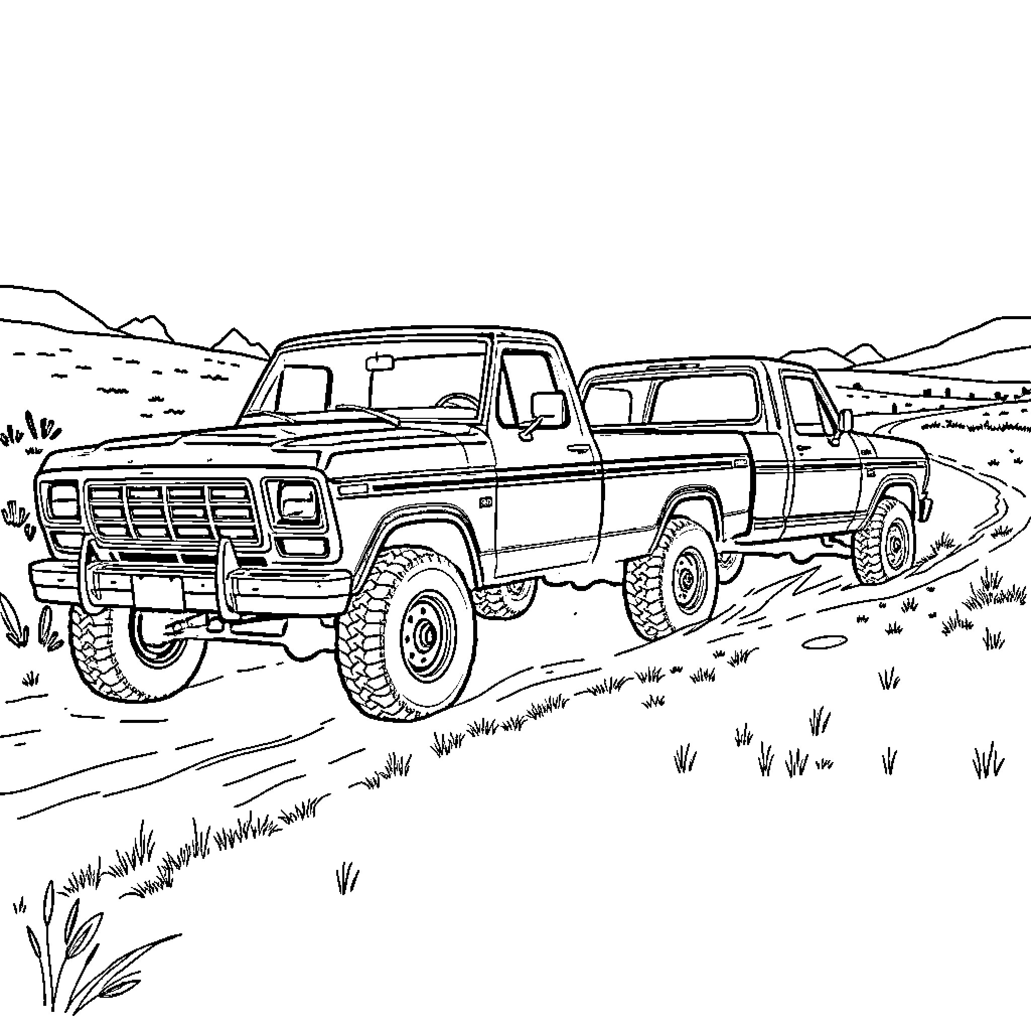 Ford Pickup trucks traversing rugged terrain Coloring Page (free black-and-white line drawing printable PDF for all, from beginners to advanced learners, including children, teens, adults, and seniors)