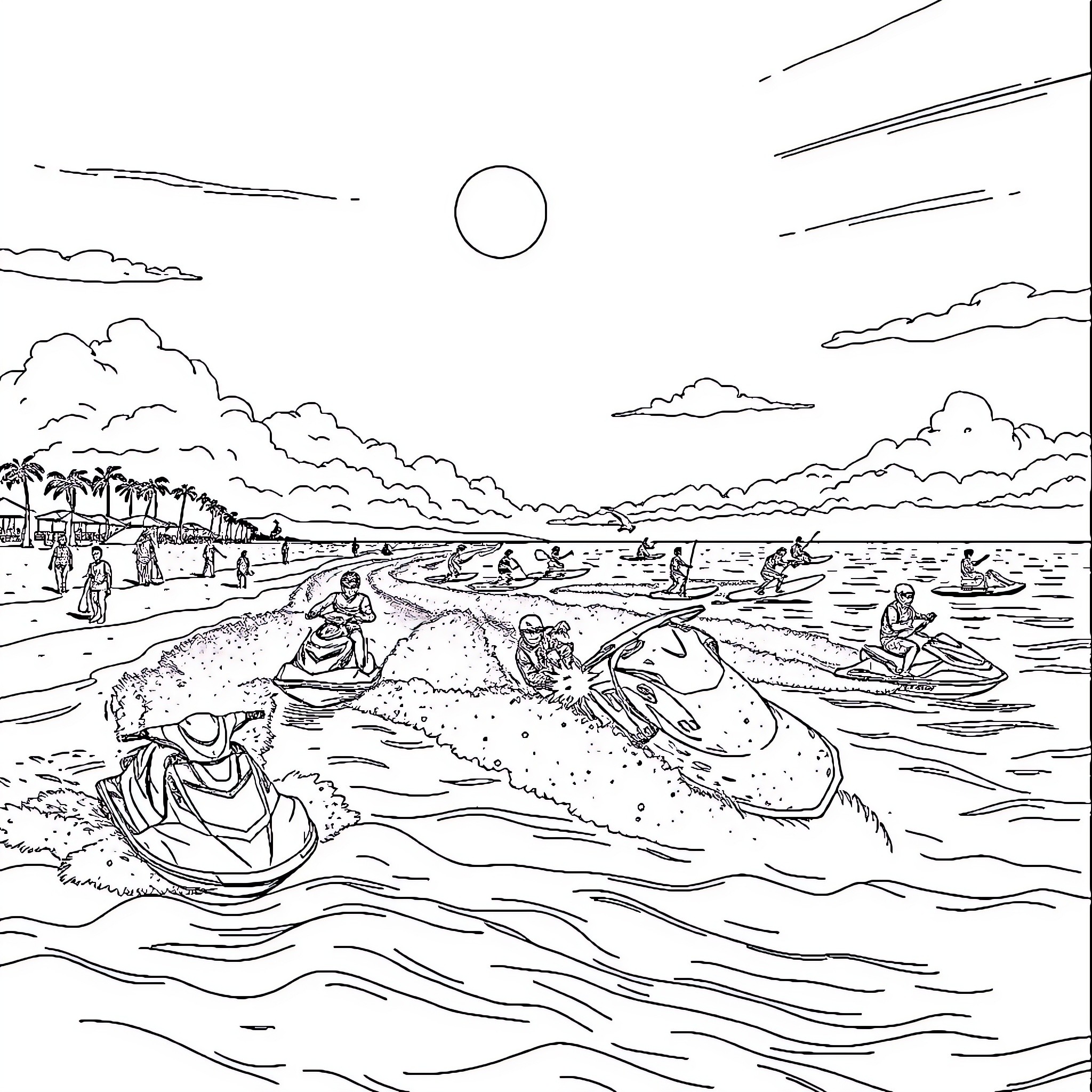 Water Sports: Jet Skiing and Boating on Tropical Beach Coloring Page (free black-and-white line drawing printable PDF for all, from beginners to advanced learners, including children, teens, adults, and seniors)
