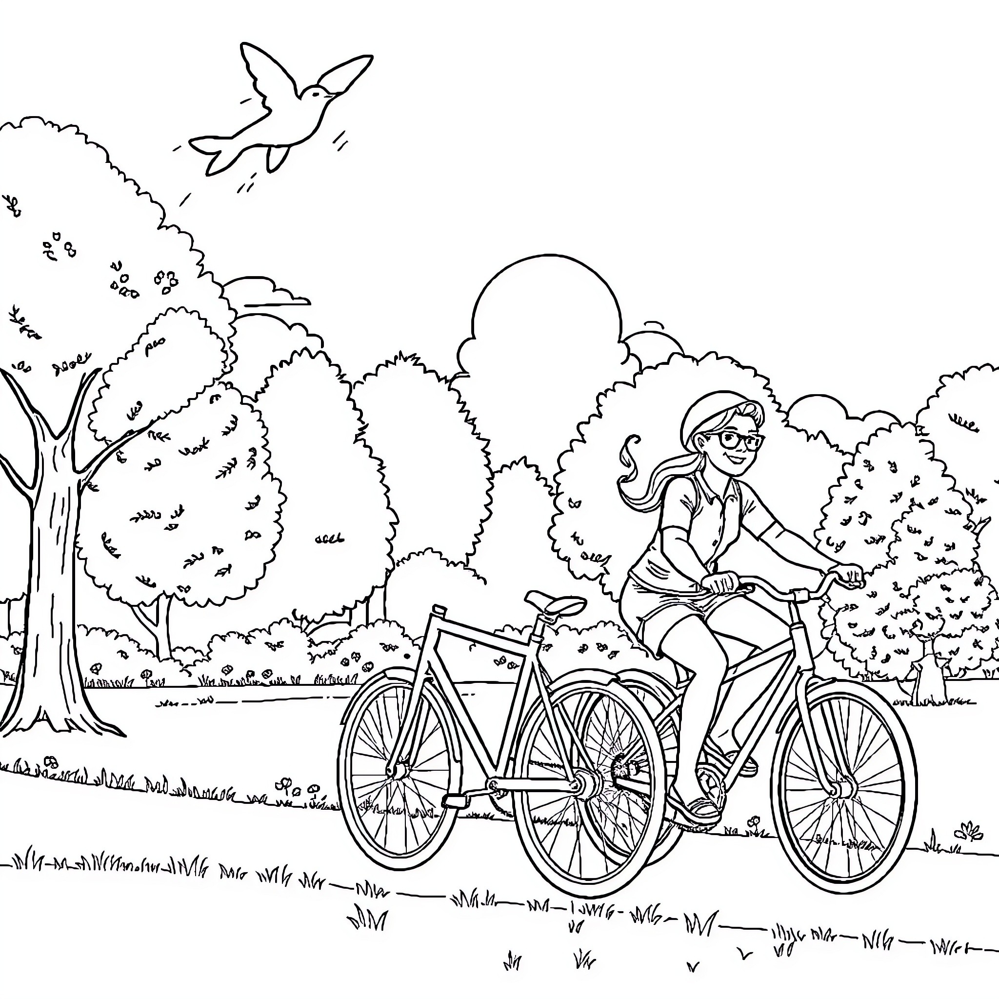Bicycle ride through serene landscape Coloring Page (free black-and-white line drawing printable PDF for all, from beginners to advanced learners, including children, teens, adults, and seniors)
