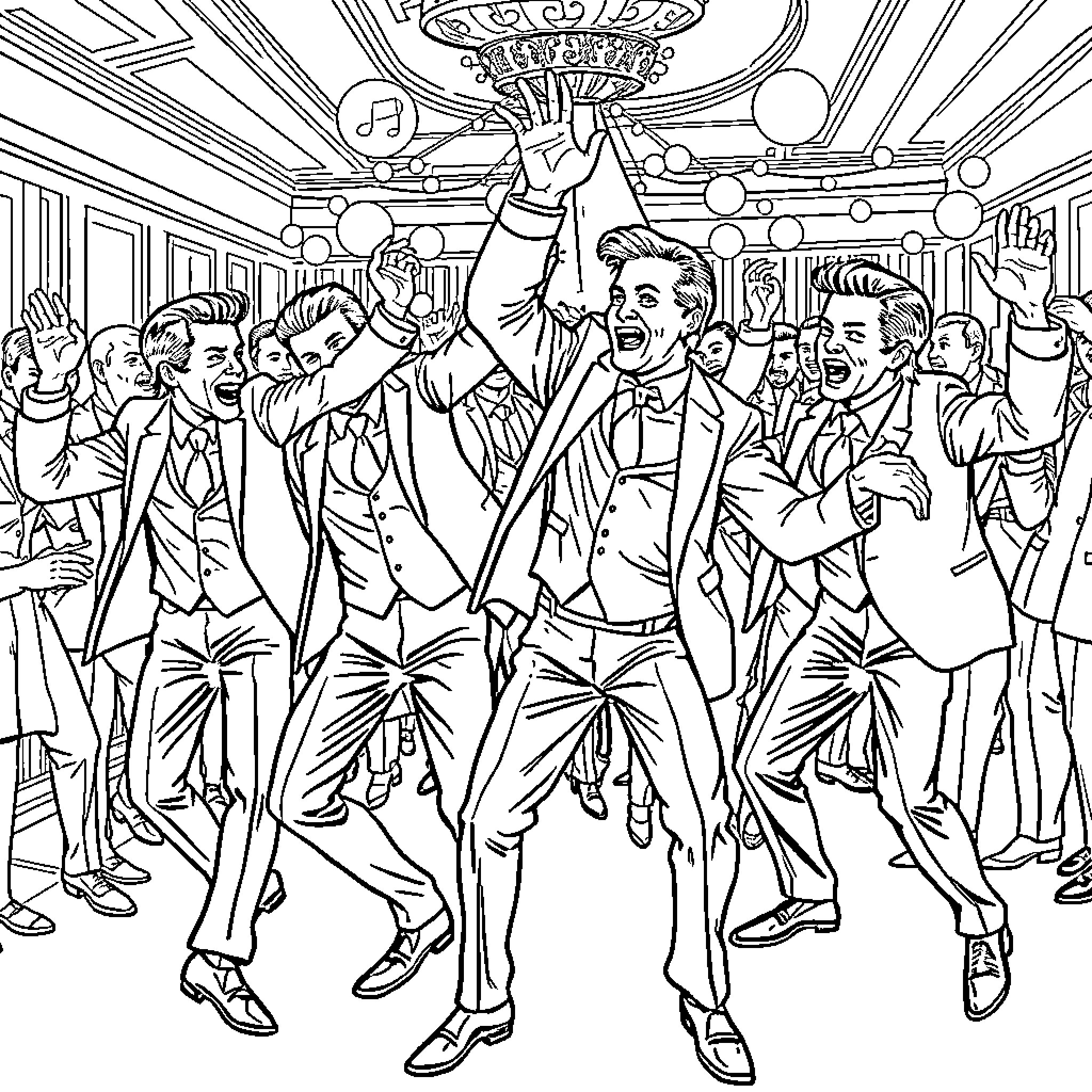Man joyfully celebrating with a group at a party Coloring Page (free black-and-white line drawing printable PDF for all, from beginners to advanced learners, including children, teens, adults, and seniors)