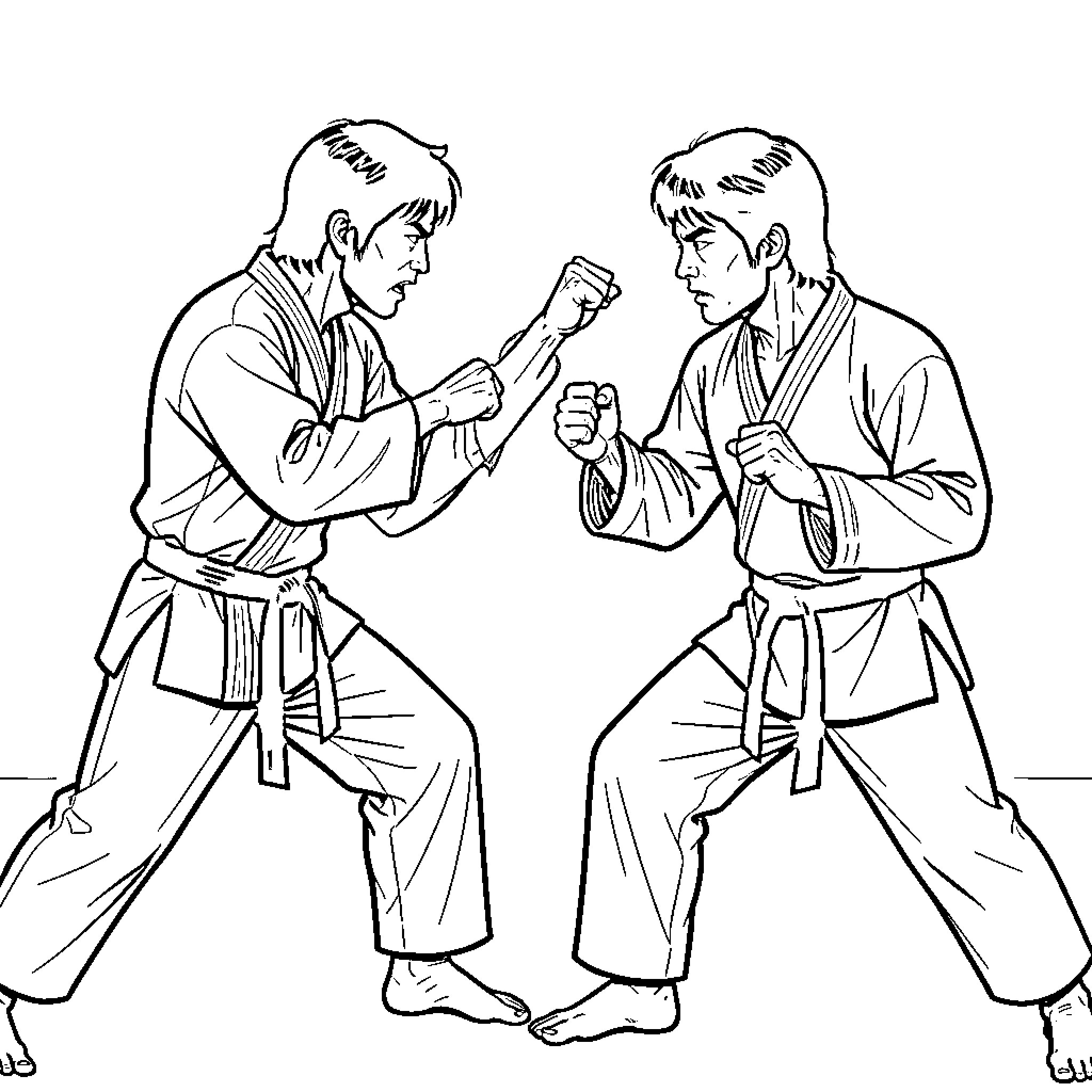 Lee fighting in a martial arts duel Coloring Page (free black-and-white line drawing printable PDF for all, from beginners to advanced learners, including children, teens, adults, and seniors)