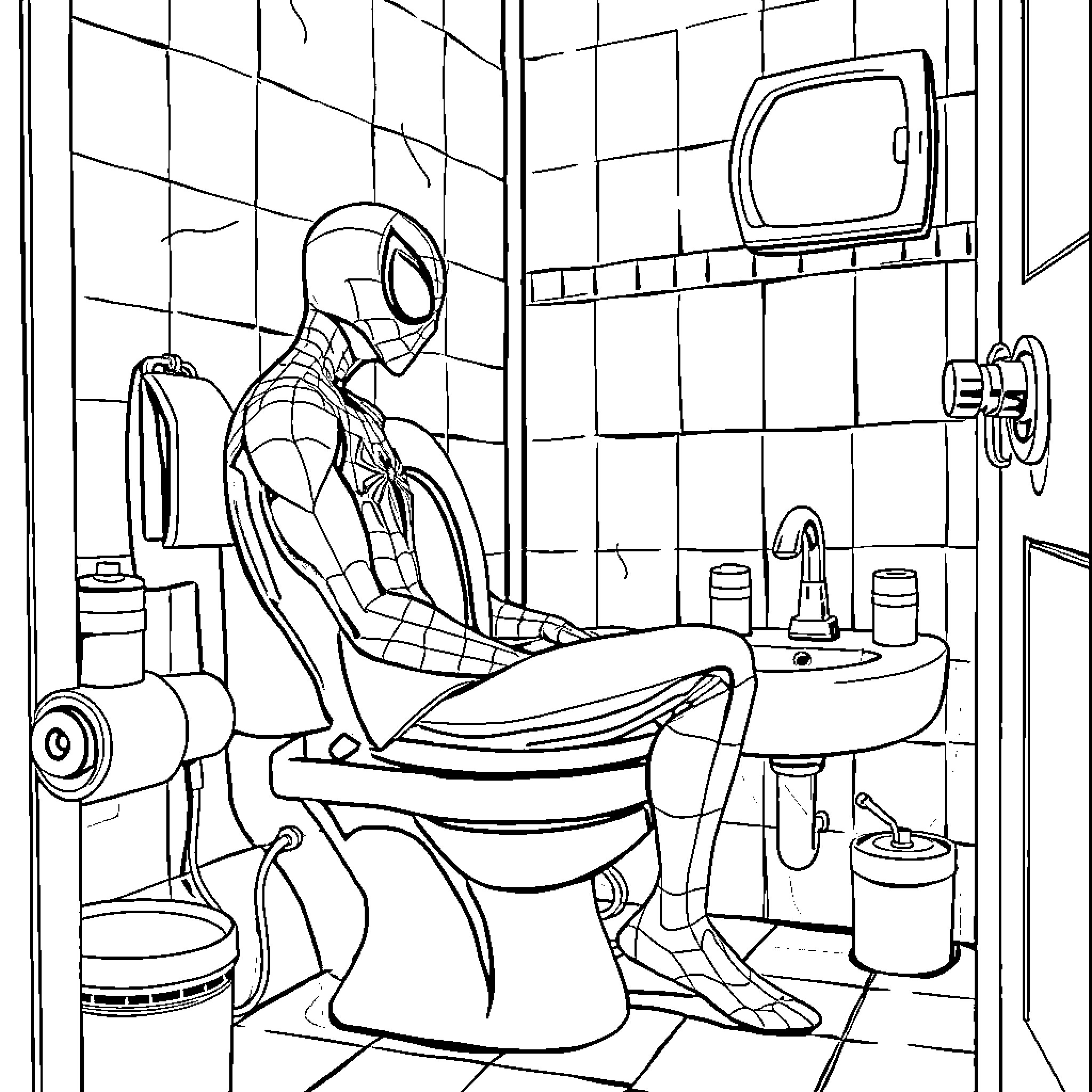 Spiderman sitting on a toilet in a bathroom Coloring Page (free black-and-white line drawing printable PDF for all, from beginners to advanced learners, including children, teens, adults, and seniors)