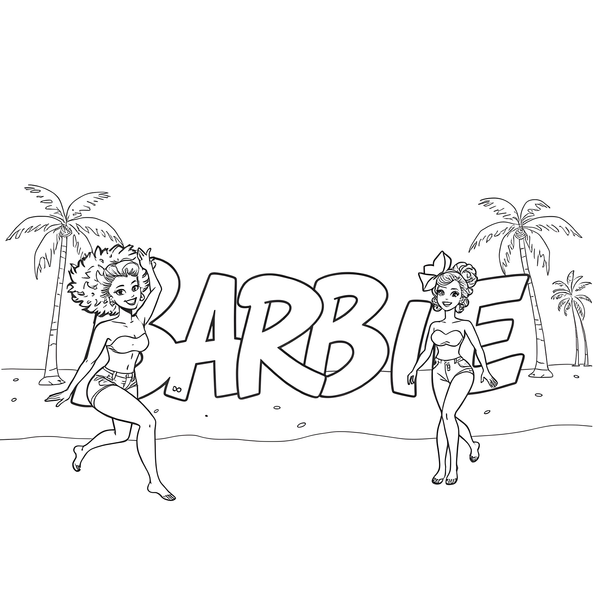 Barbie dancing on the beach Coloring Page (free black-and-white line drawing printable PDF for all, from beginners to advanced learners, including children, teens, adults, and seniors)