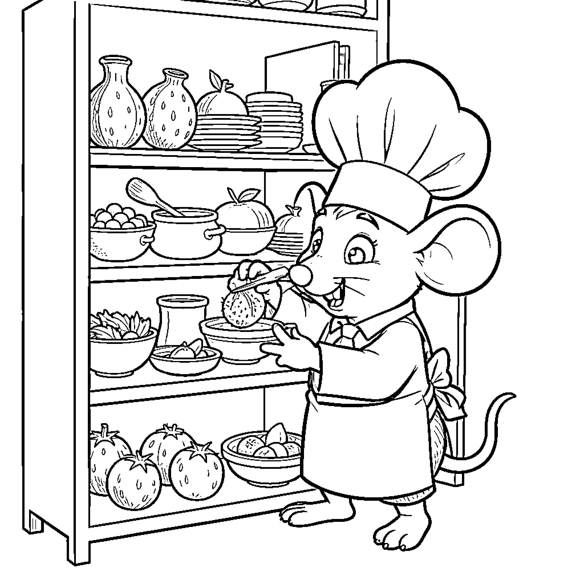 Ratatouille: Mouse chef explores kitchen pantry Coloring Page (free black-and-white line drawing printable PDF for all, from beginners to advanced learners, including children, teens, adults, and seniors)