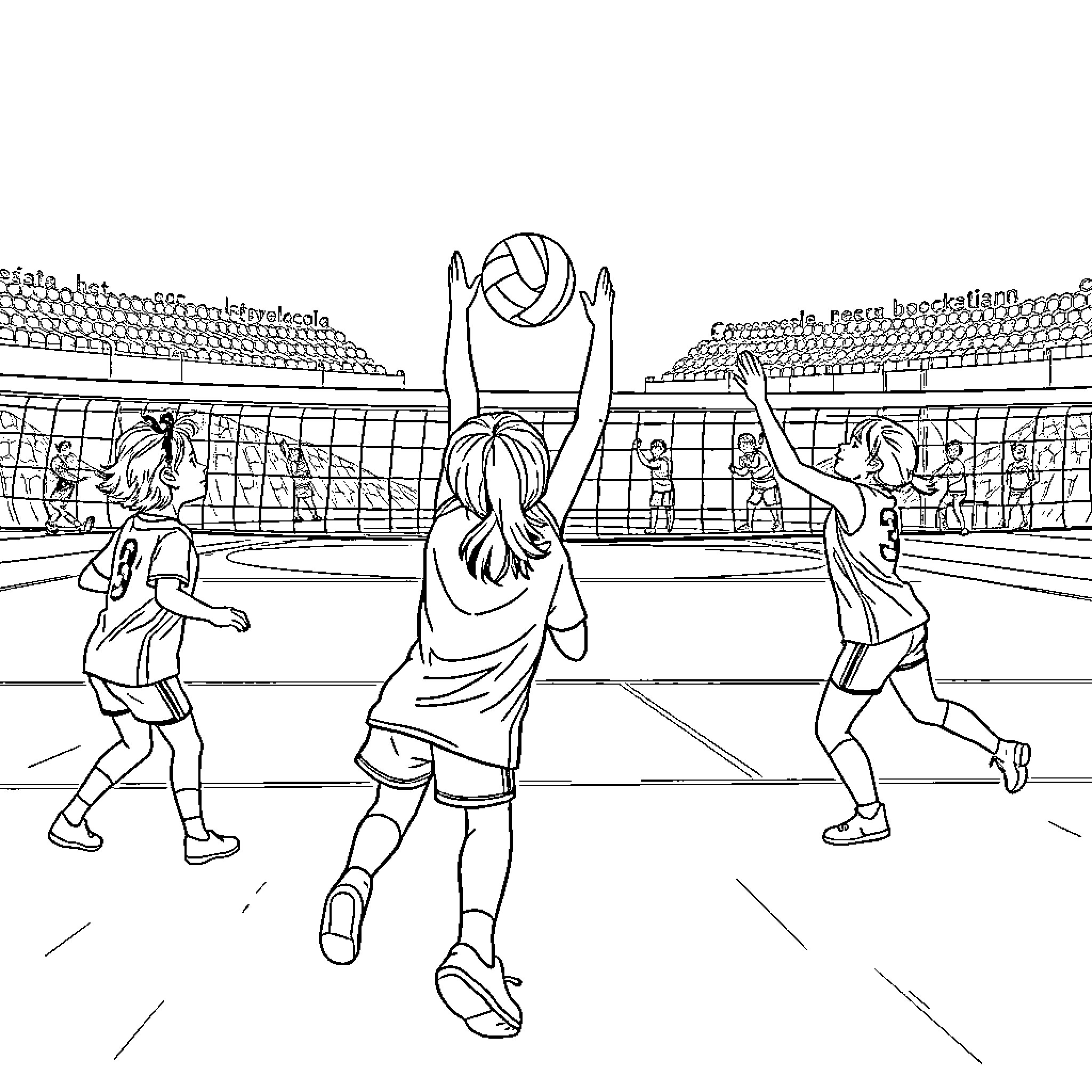 Volleyball players in action on the court Coloring Page (free black-and-white line drawing printable PDF for all, from beginners to advanced learners, including children, teens, adults, and seniors)