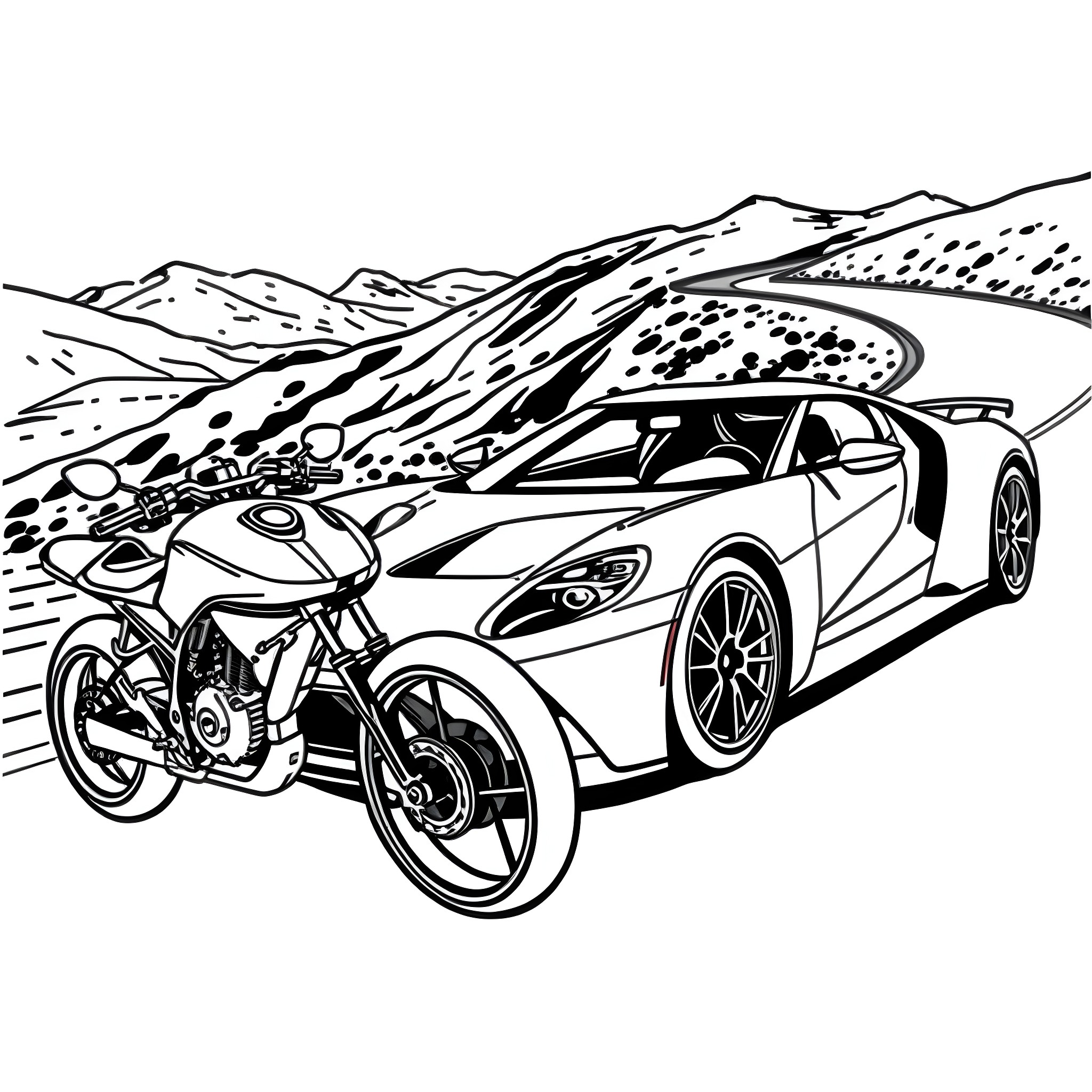 Motorbike racing through scenic mountain landscape Coloring Page (free black-and-white line drawing printable PDF for all, from beginners to advanced learners, including children, teens, adults, and seniors)