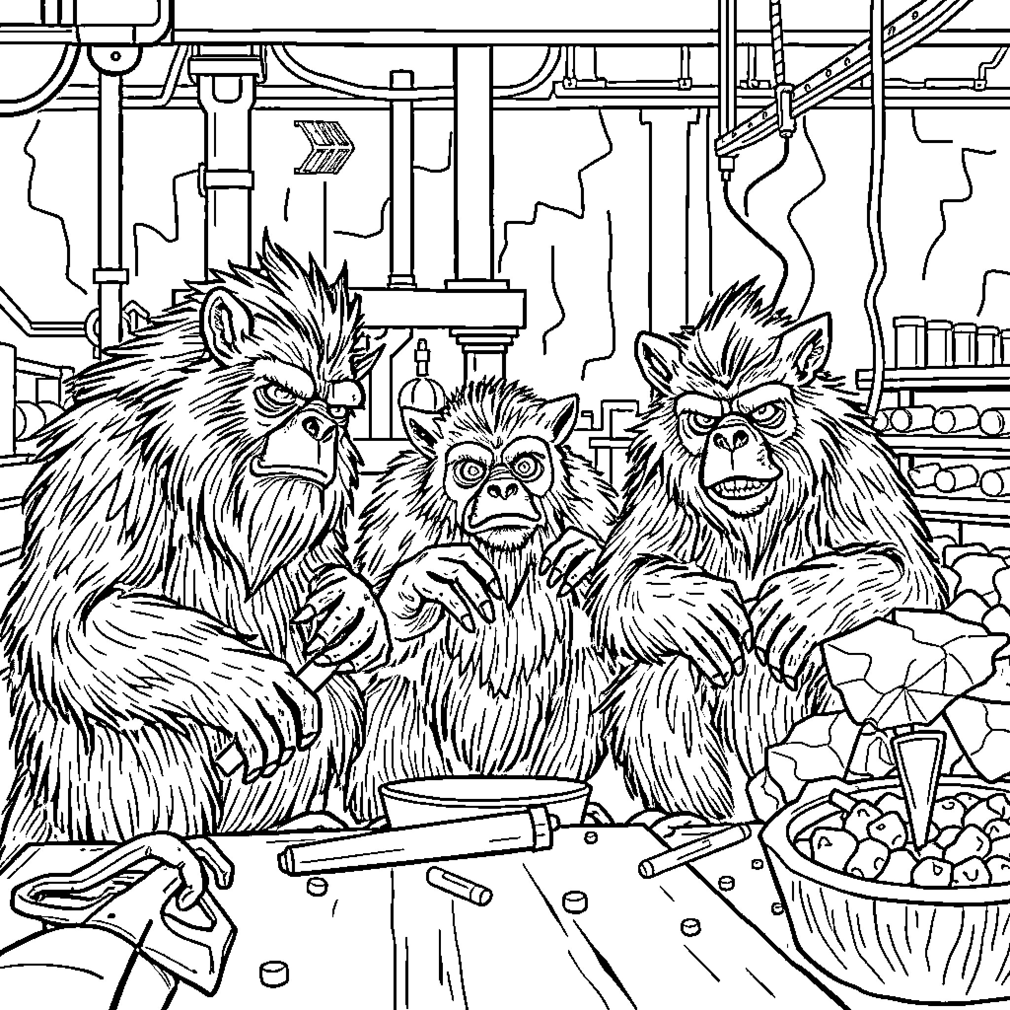 Monsters causing chaos in an industrial setting Coloring Page (free black-and-white line drawing printable PDF for all, from beginners to advanced learners, including children, teens, adults, and seniors)