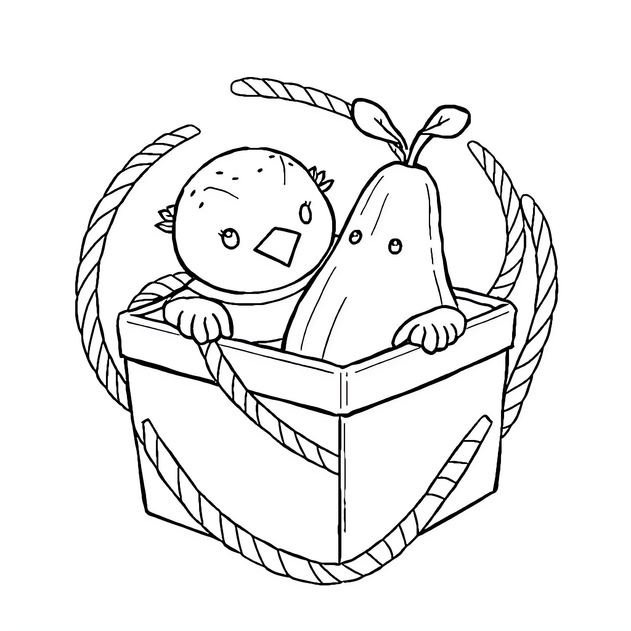 Mango character in a gift box Coloring Page (free black-and-white line drawing printable PDF for all, from beginners to advanced learners, including children, teens, adults, and seniors)