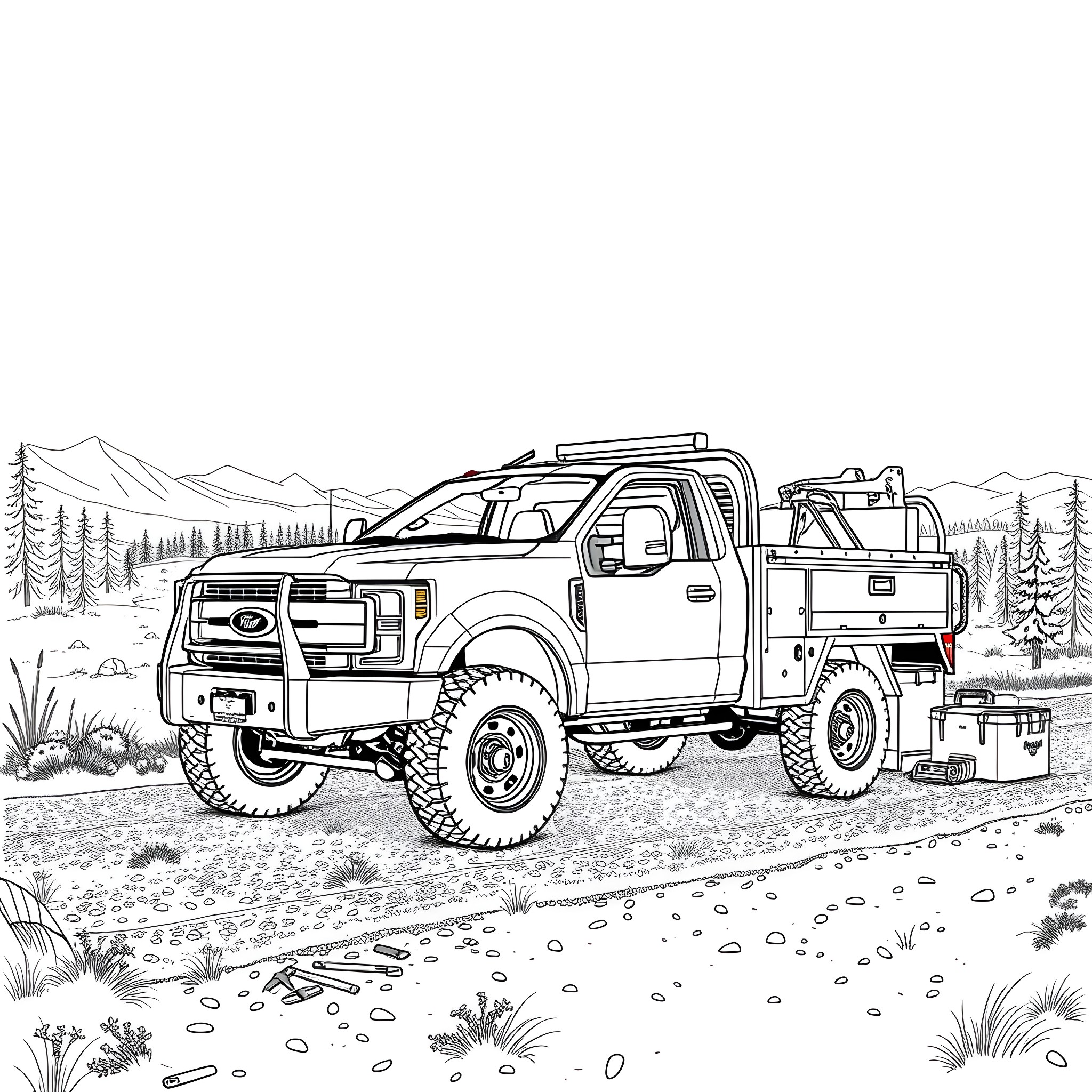 Truck traversing rugged terrain with outdoor equipment Coloring Page (free black-and-white line drawing printable PDF for all, from beginners to advanced learners, including children, teens, adults, and seniors)