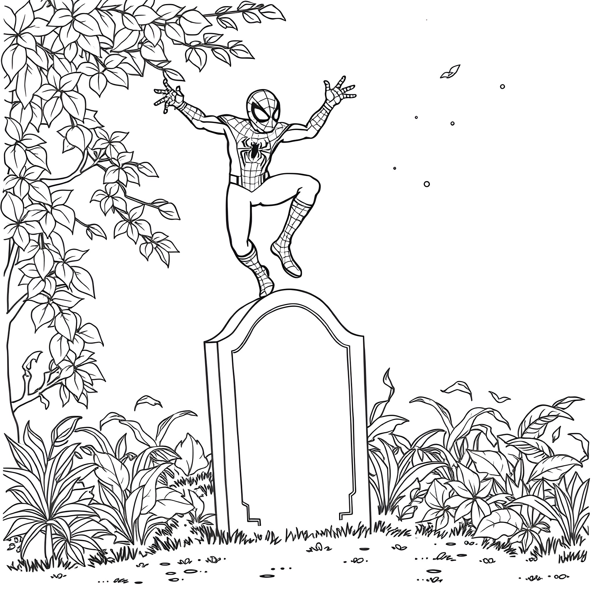 Spiderman Swinging Joyfully Through Lush Foliage Coloring Page (free black-and-white line drawing printable PDF for all, from beginners to advanced learners, including children, teens, adults, and seniors)