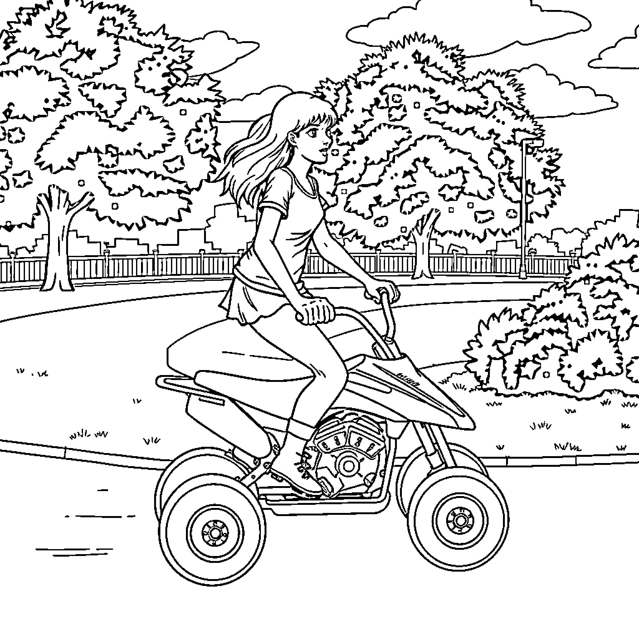 Girl riding ATV through scenic park Coloring Page (free black-and-white line drawing printable PDF for all, from beginners to advanced learners, including children, teens, adults, and seniors)