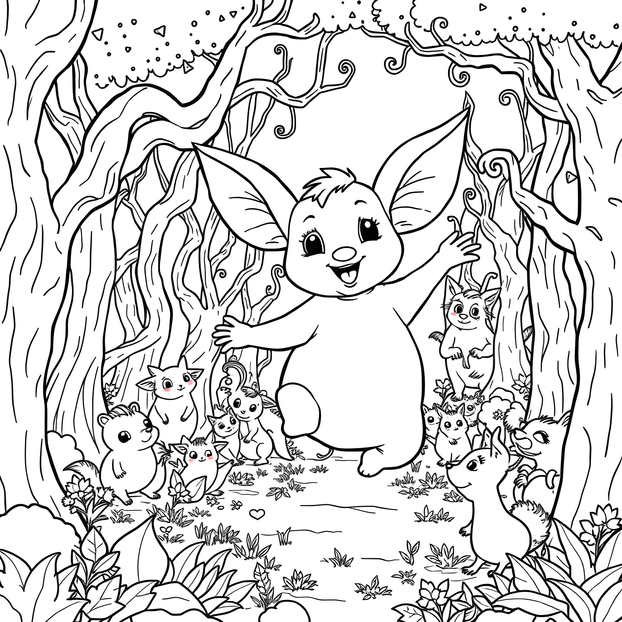 Labubu's Enchanted Forest Adventure Coloring Page (free black-and-white line drawing printable PDF for all, from beginners to advanced learners, including children, teens, adults, and seniors)