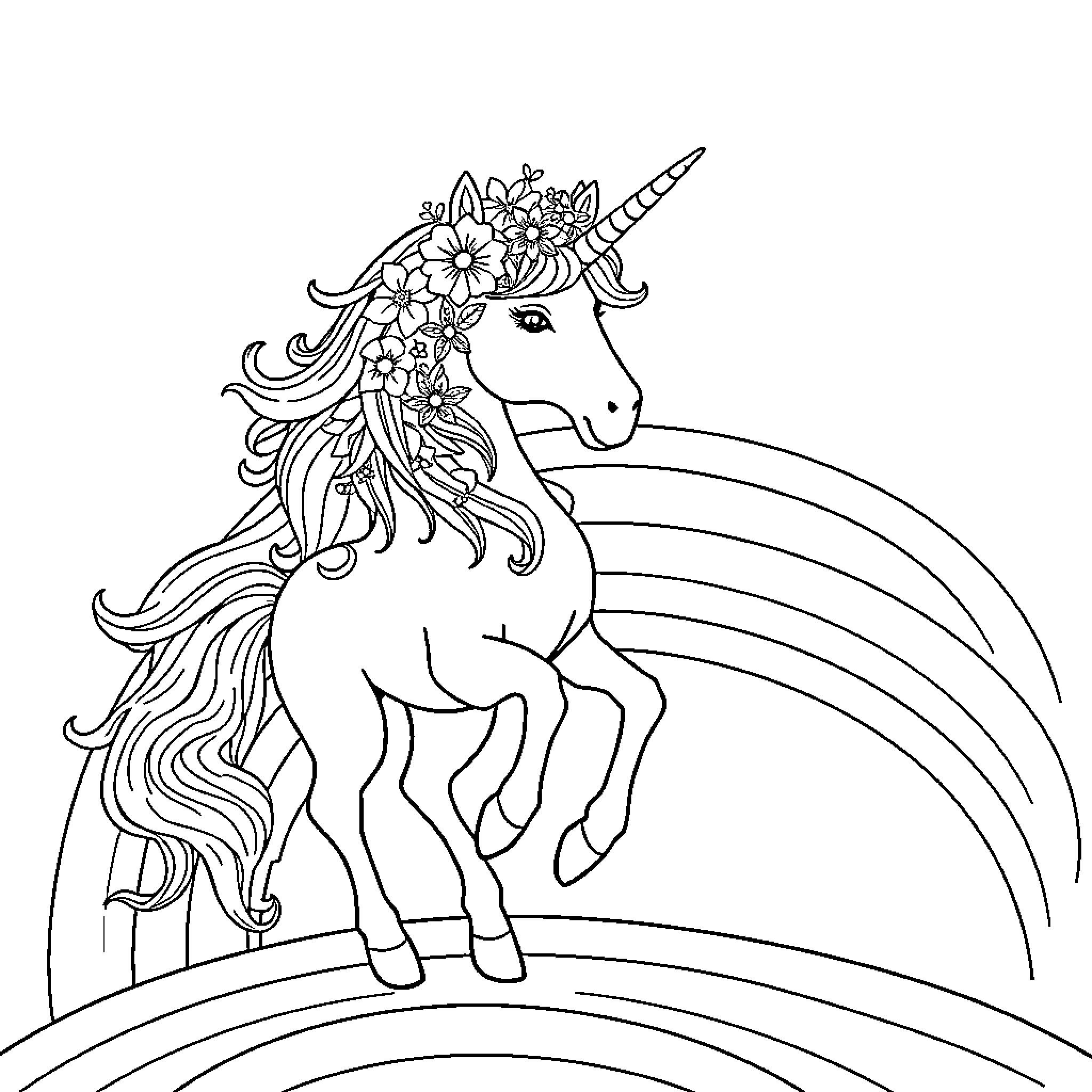 Unicorn with Floral Adornment Surrounded by Rainbow Coloring Page (free black-and-white line drawing printable PDF for all, from beginners to advanced learners, including children, teens, adults, and seniors)
