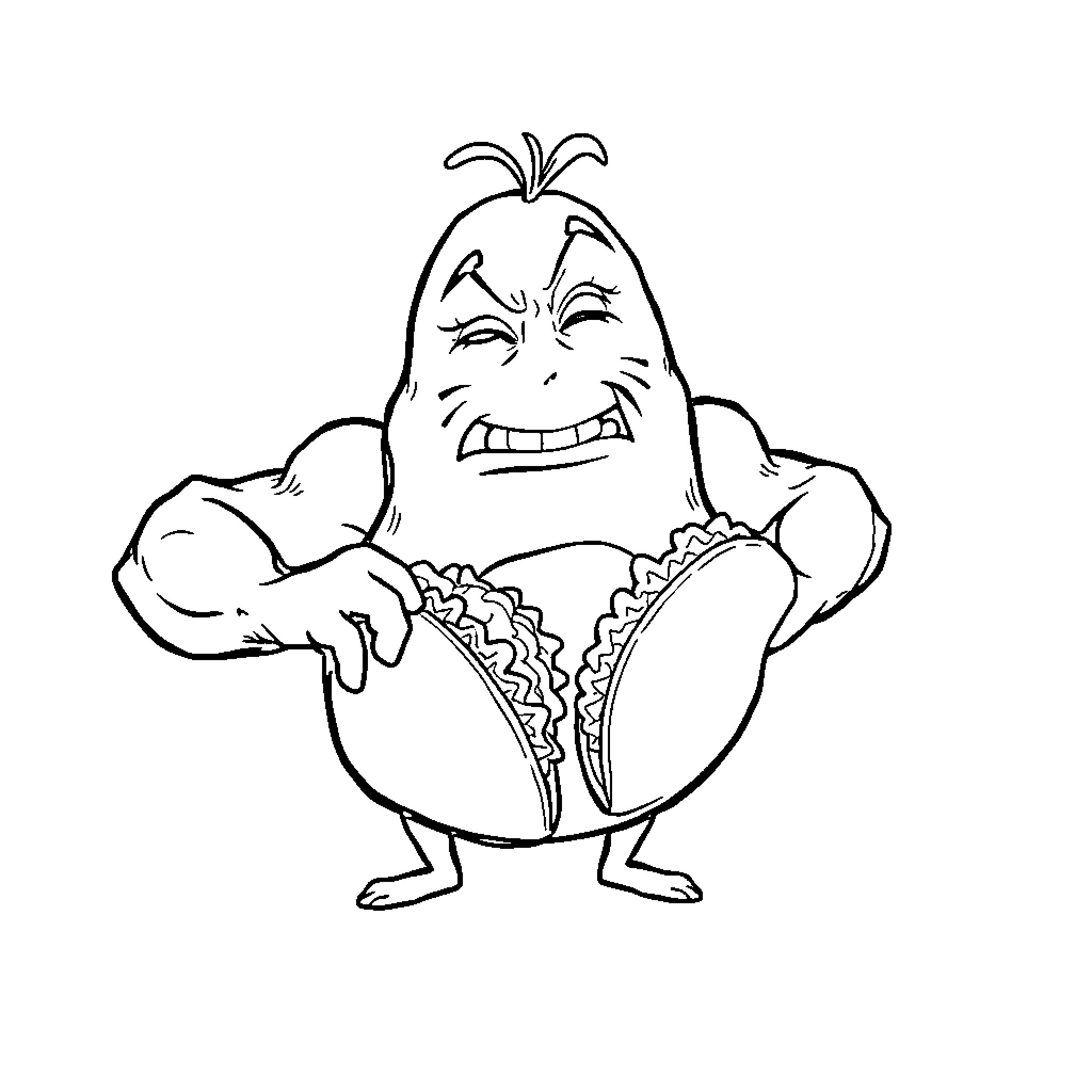 Potato character flexing with a big grin Coloring Page (free black-and-white line drawing printable PDF for all, from beginners to advanced learners, including children, teens, adults, and seniors)