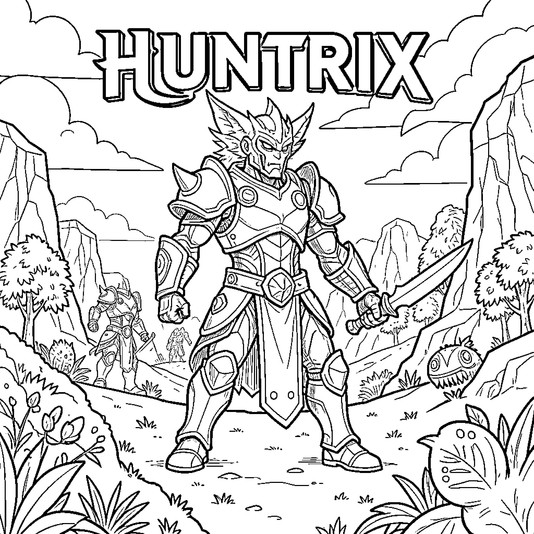 Huntrix armored warrior standing heroically with a sword Coloring Page (free black-and-white line drawing printable PDF for all, from beginners to advanced learners, including children, teens, adults, and seniors)