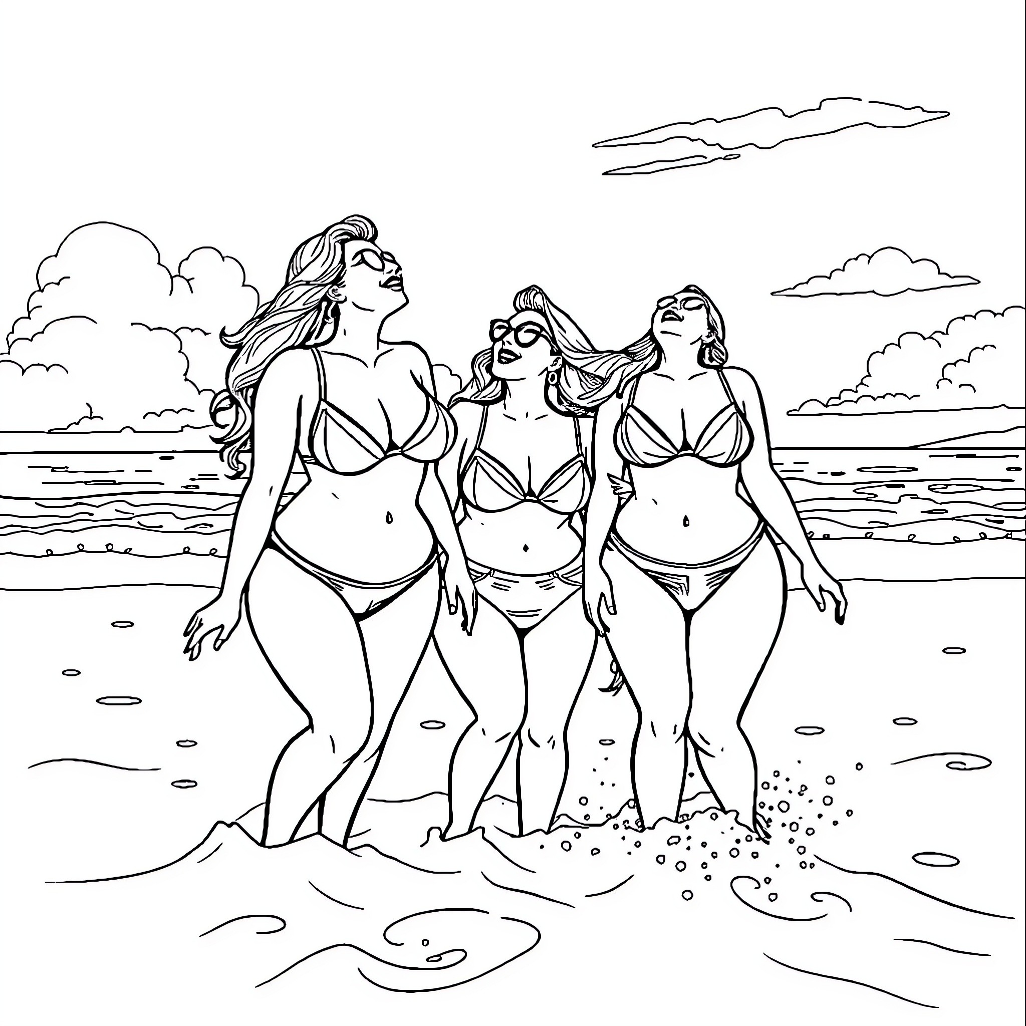 Latina Women Enjoying Beach Day Together Coloring Page (free black-and-white line drawing printable PDF for all, from beginners to advanced learners, including children, teens, adults, and seniors)