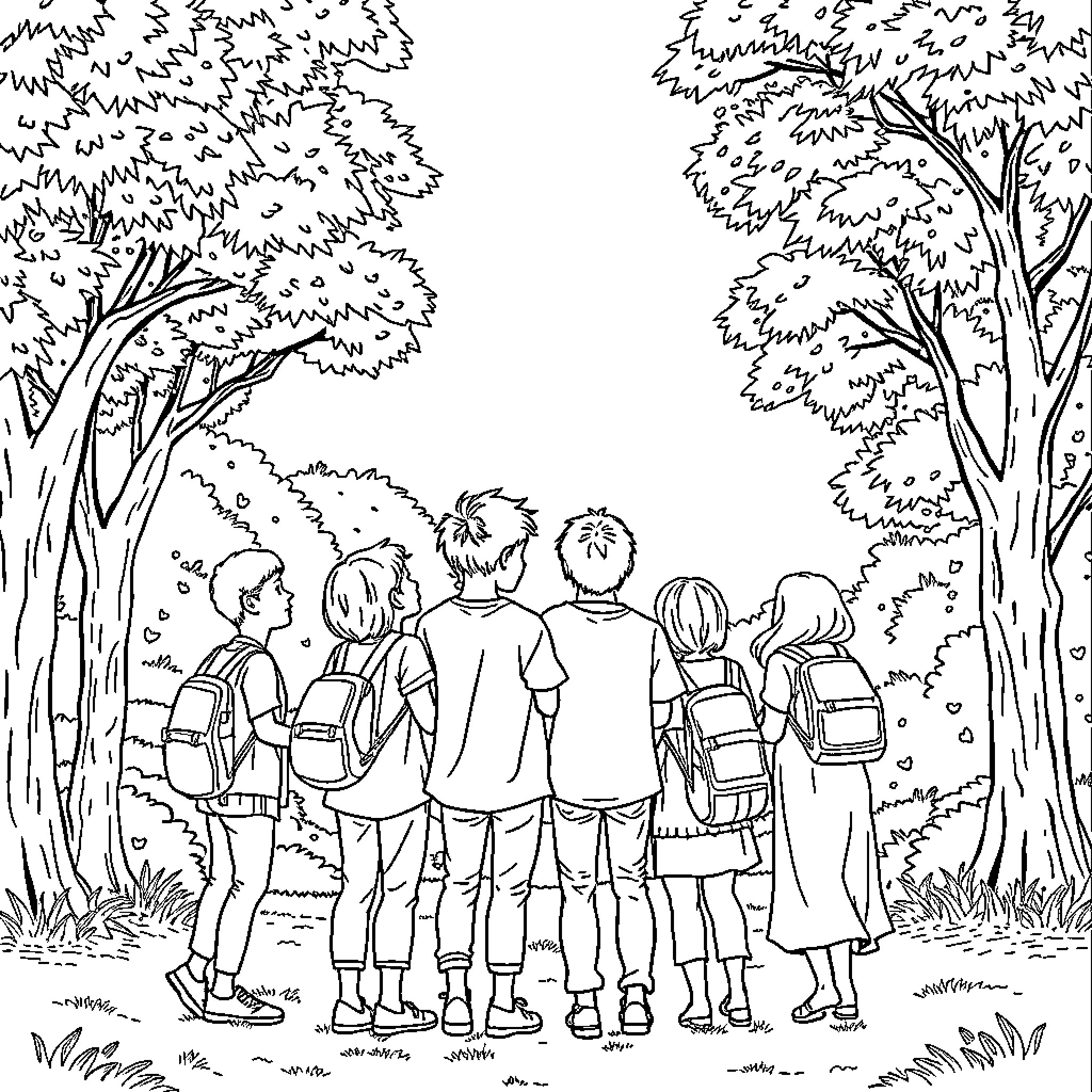 Jesus leads a group of children on a nature trail Coloring Page (free black-and-white line drawing printable PDF for all, from beginners to advanced learners, including children, teens, adults, and seniors)