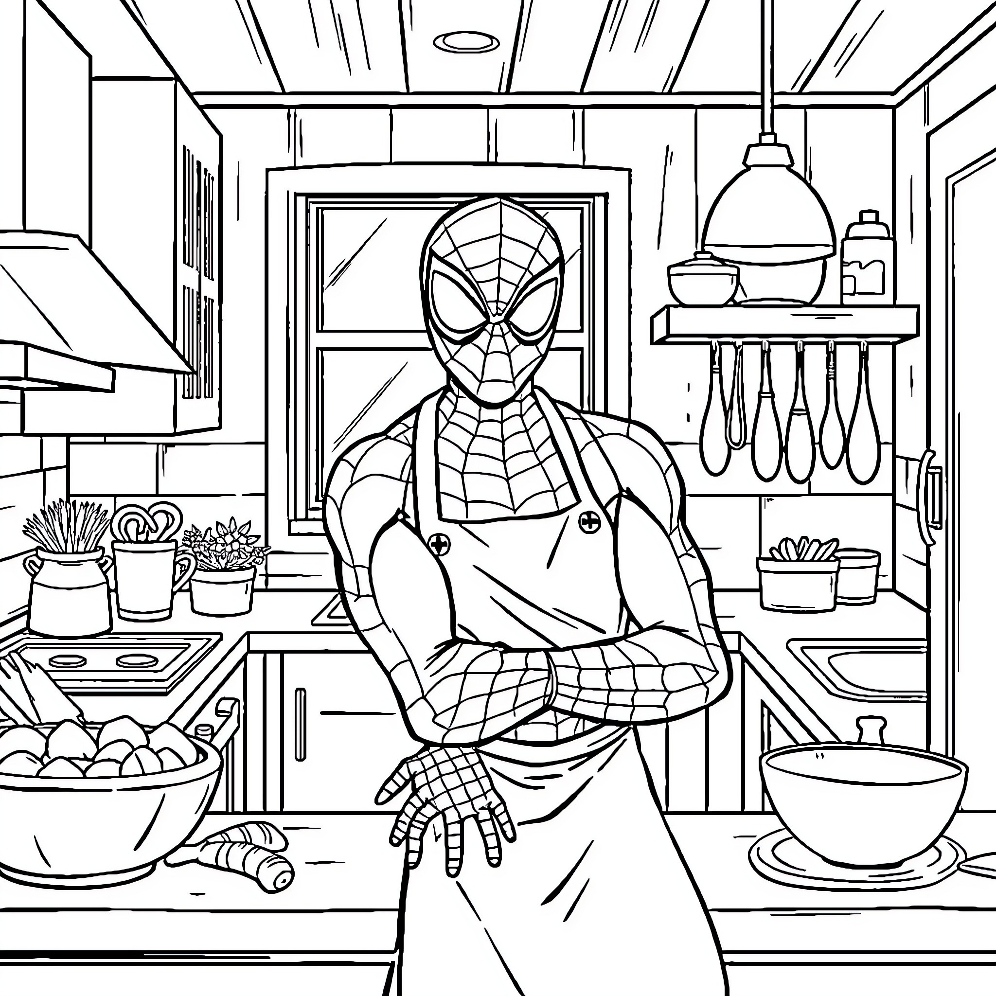 Spiderman Heroically Assisting in the Kitchen Coloring Page (free black-and-white line drawing printable PDF for all, from beginners to advanced learners, including children, teens, adults, and seniors)