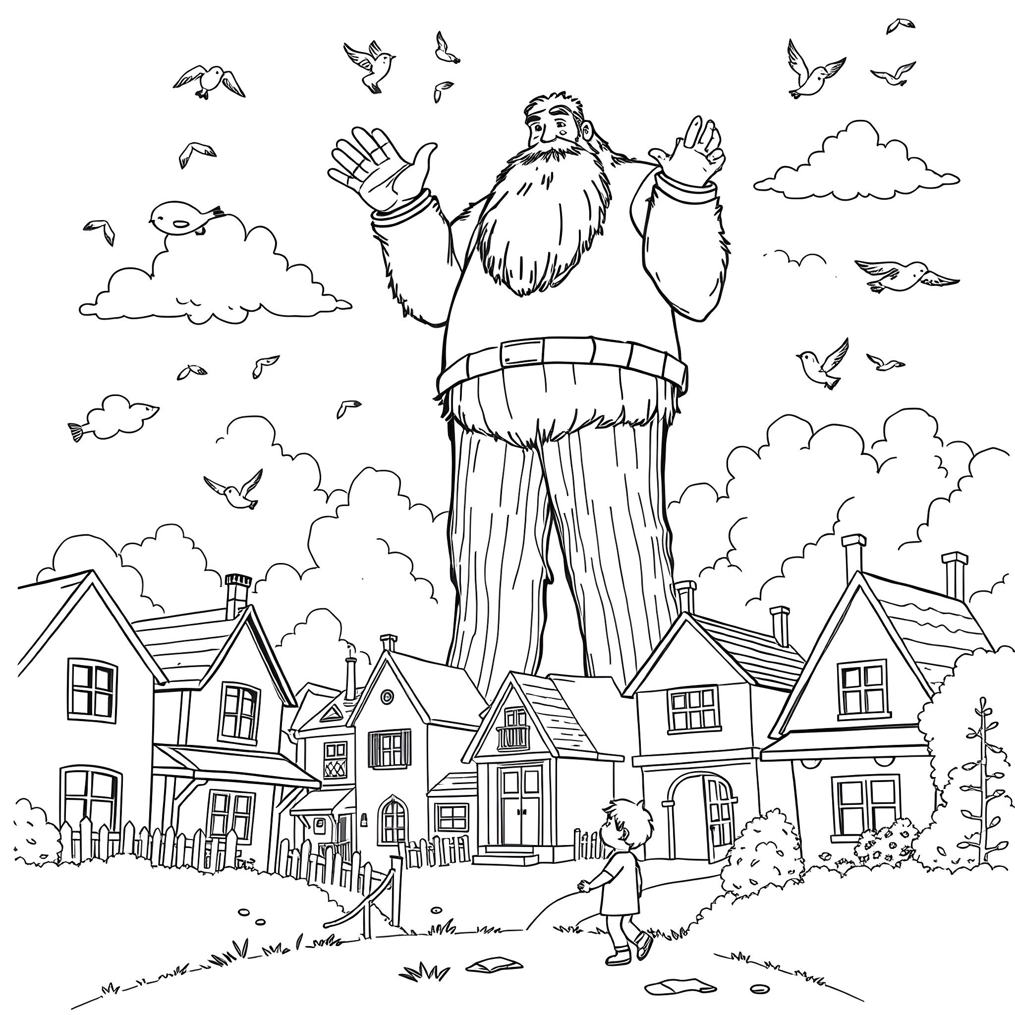 Giant Mythical Creature Watches Over Quaint Village Coloring Page (free black-and-white line drawing printable PDF for all, from beginners to advanced learners, including children, teens, adults, and seniors)