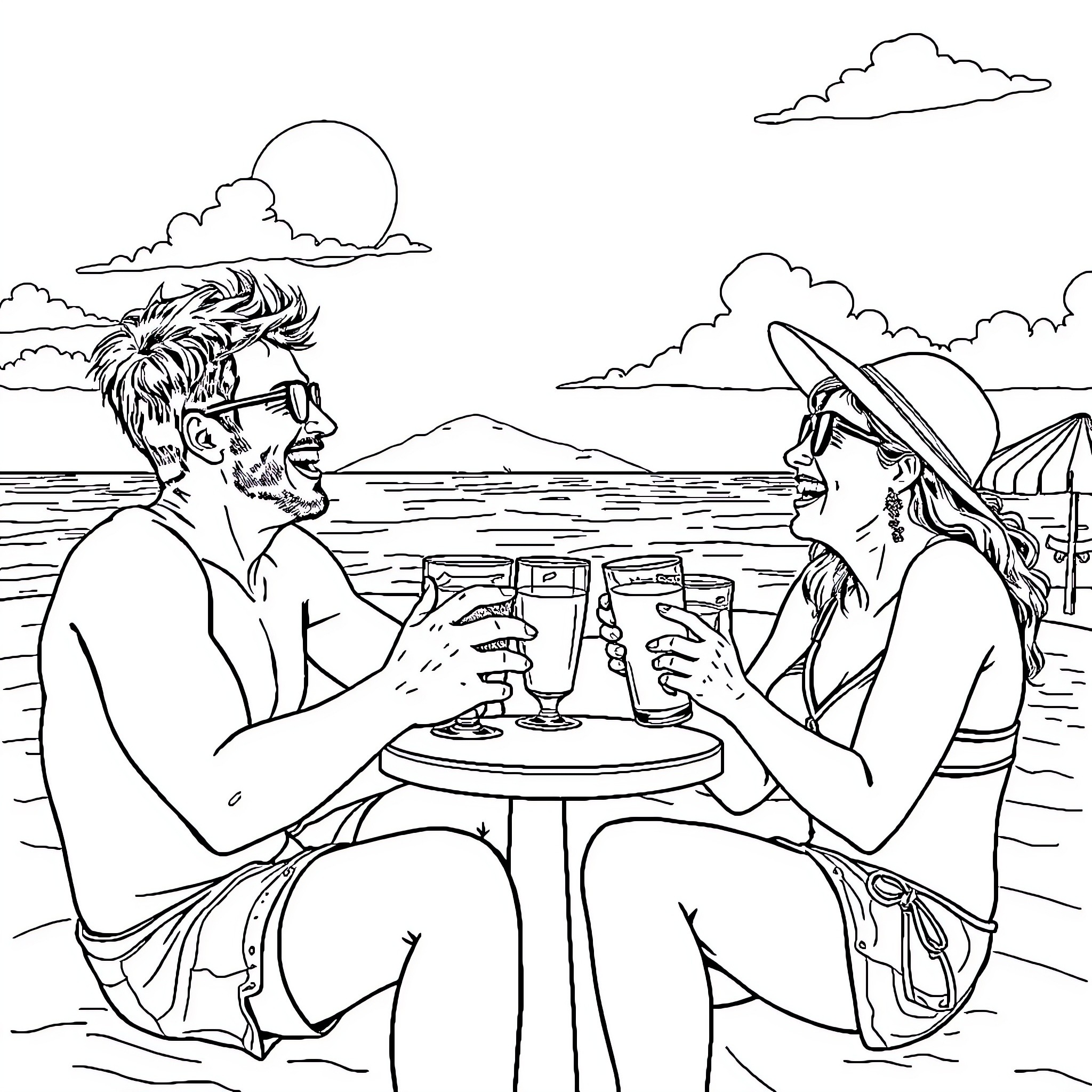 Person enjoying drinks with friend by the beach Coloring Page (free black-and-white line drawing printable PDF for all, from beginners to advanced learners, including children, teens, adults, and seniors)