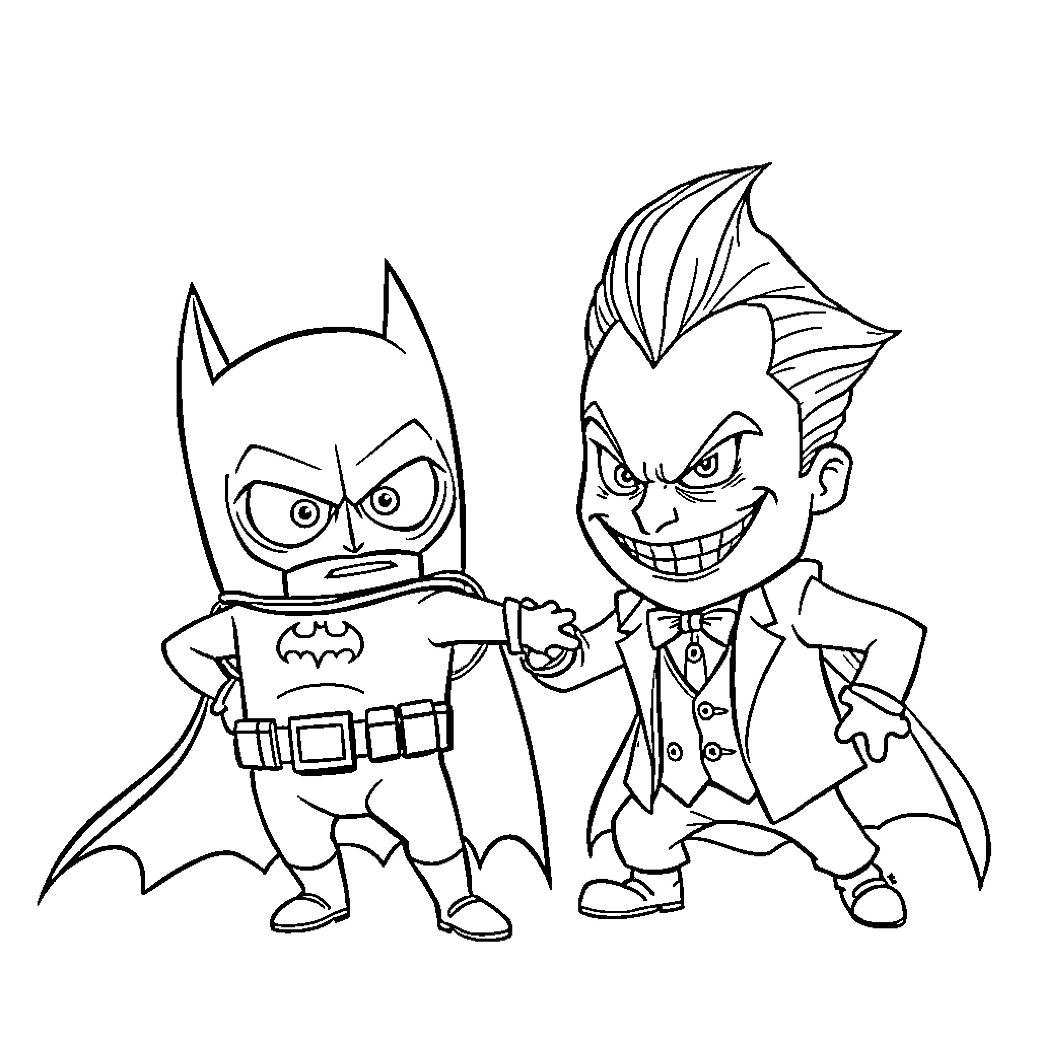 Minions Batman and Joker in Cartoon Outfits Coloring Page (free black-and-white line drawing printable PDF for all, from beginners to advanced learners, including children, teens, adults, and seniors)