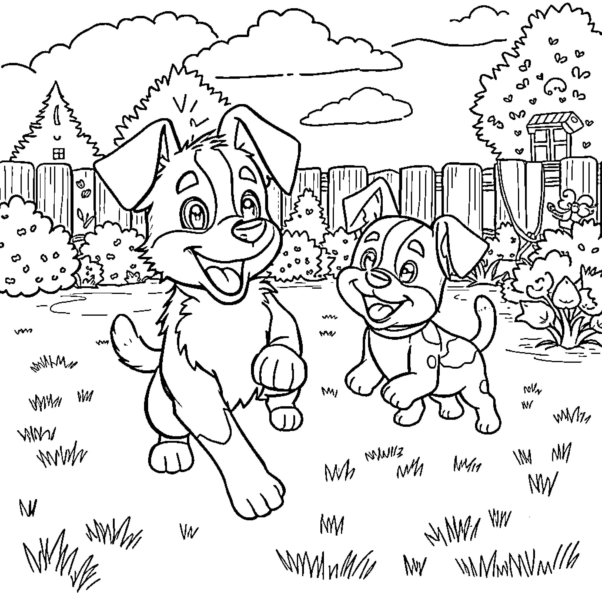 Bluey and Bingo playing outdoors in the park Coloring Page (free black-and-white line drawing printable PDF for all, from beginners to advanced learners, including children, teens, adults, and seniors)