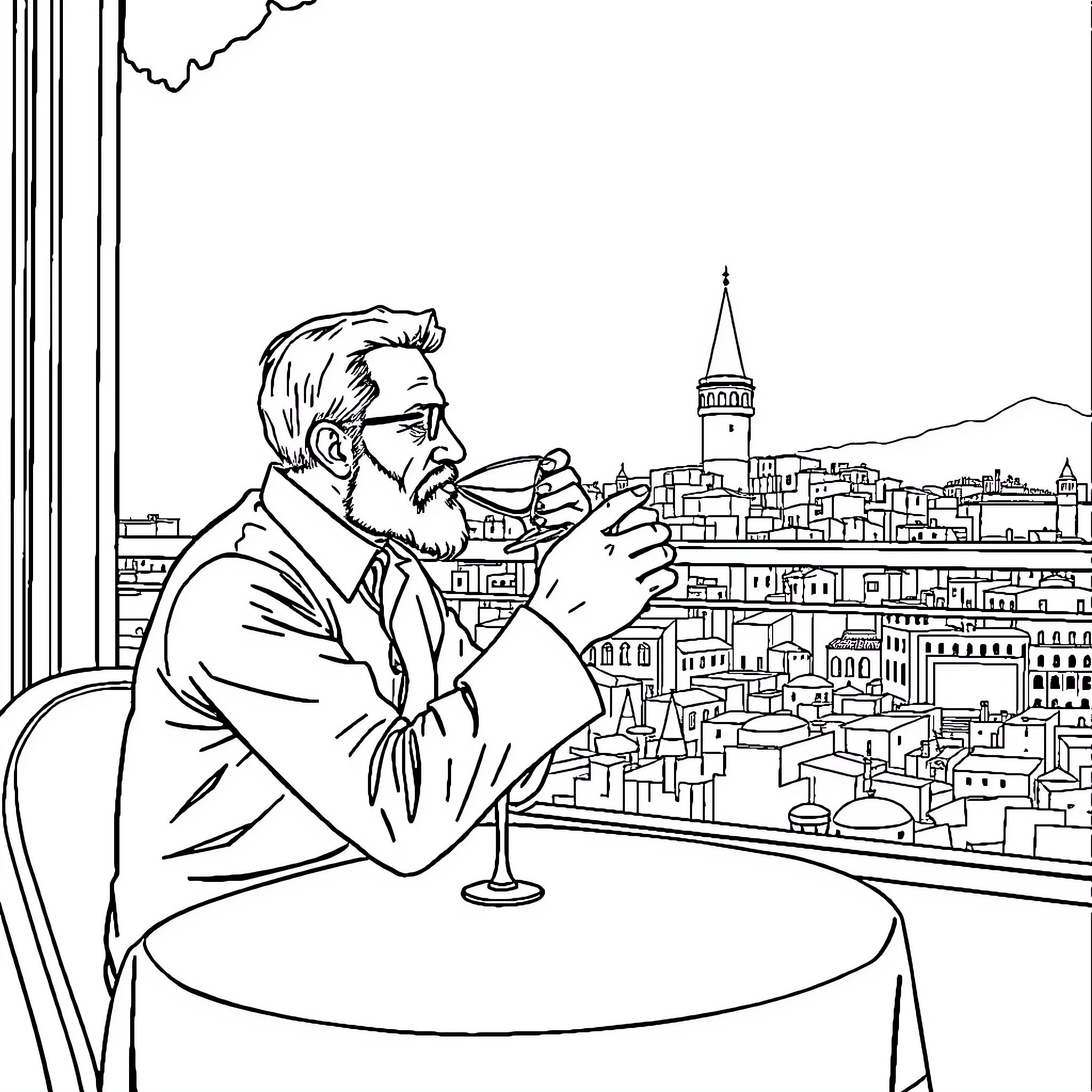 Turkish Man Enjoying Coffee with City View Coloring Page (free black-and-white line drawing printable PDF for all, from beginners to advanced learners, including children, teens, adults, and seniors)