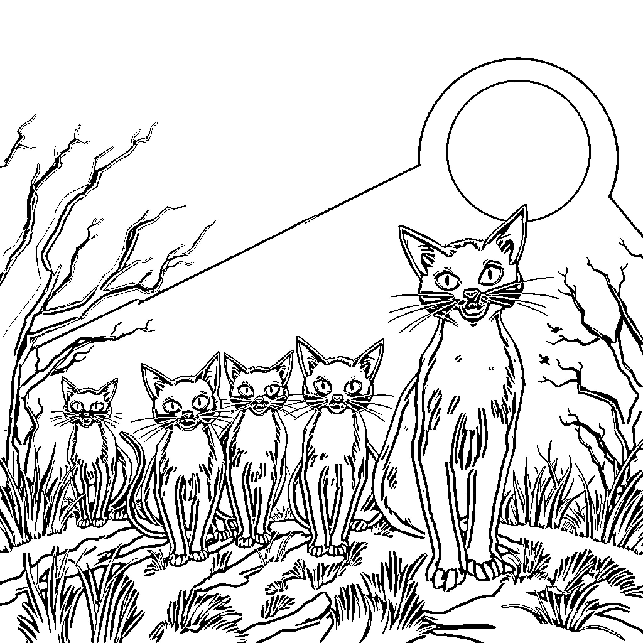Black Cat and Its Feline Companions in a Haunting Landscape Coloring Page (free black-and-white line drawing printable PDF for all, from beginners to advanced learners, including children, teens, adults, and seniors)