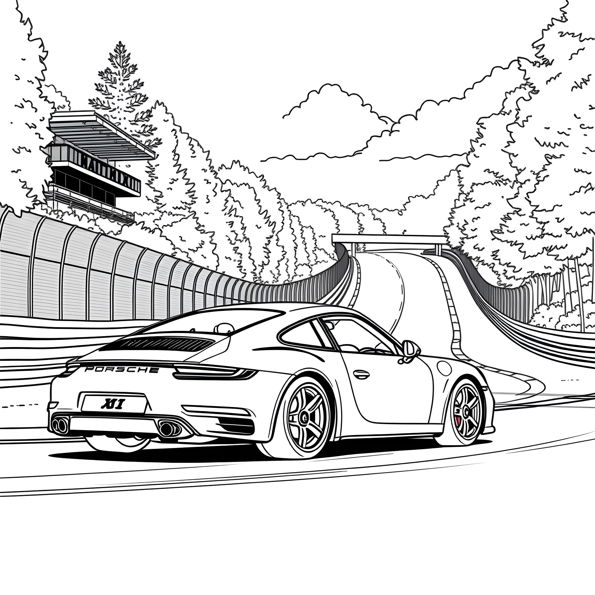 Porsche sports car speeding through scenic mountain road Coloring Page (free black-and-white line drawing printable PDF for all, from beginners to advanced learners, including children, teens, adults, and seniors)