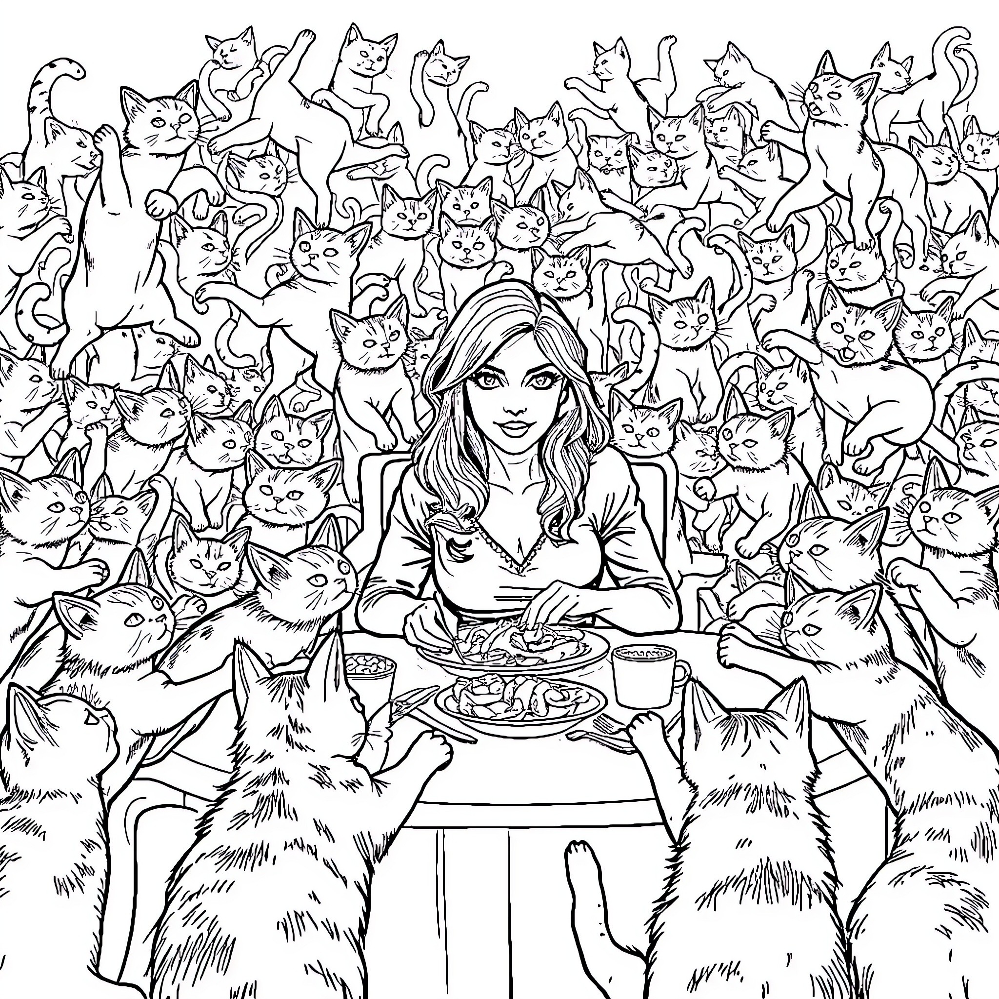 Cat owner feeding many playful felines Coloring Page (free black-and-white line drawing printable PDF for all, from beginners to advanced learners, including children, teens, adults, and seniors)