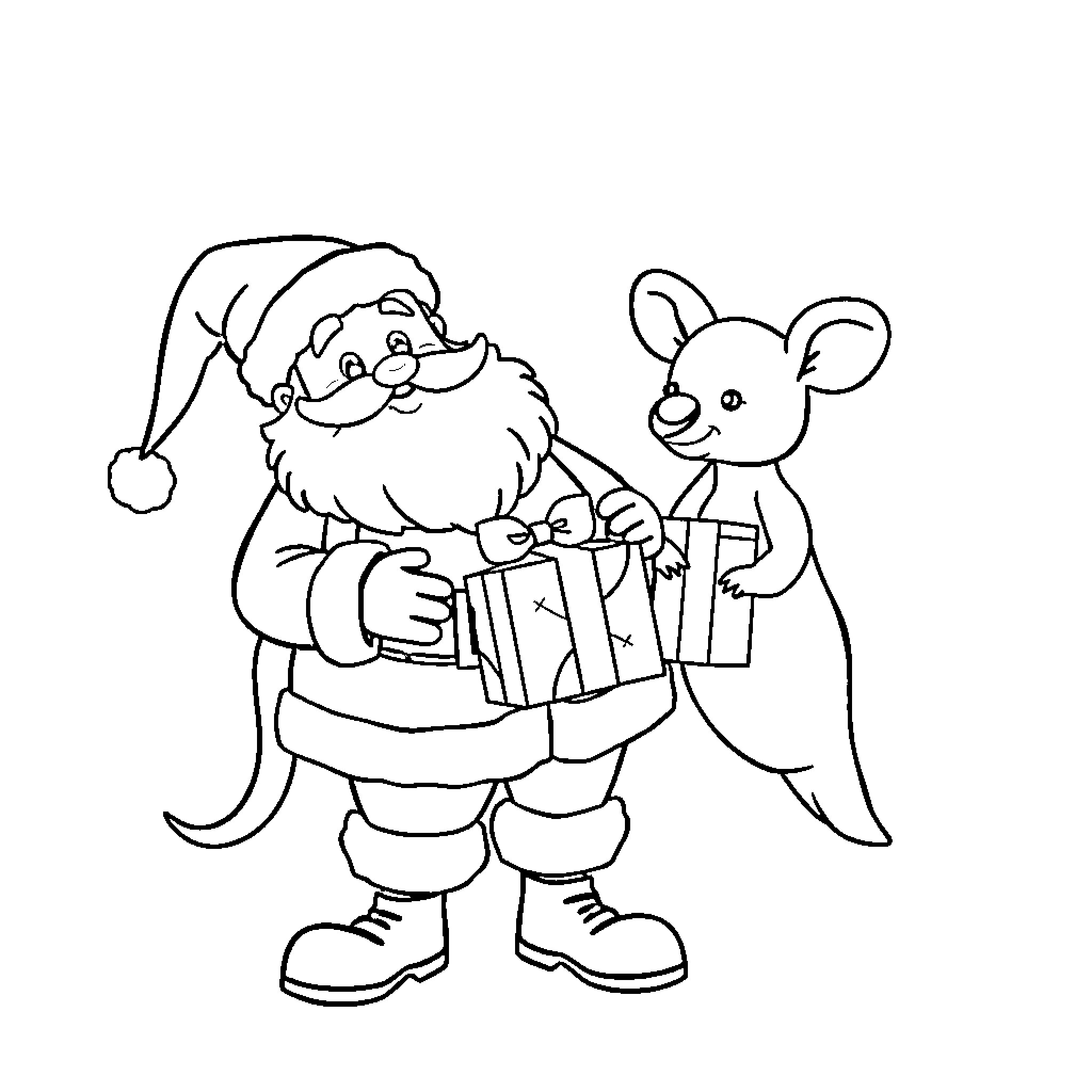Santa bringing gifts to a happy mouse Coloring Page (free black-and-white line drawing printable PDF for all, from beginners to advanced learners, including children, teens, adults, and seniors)