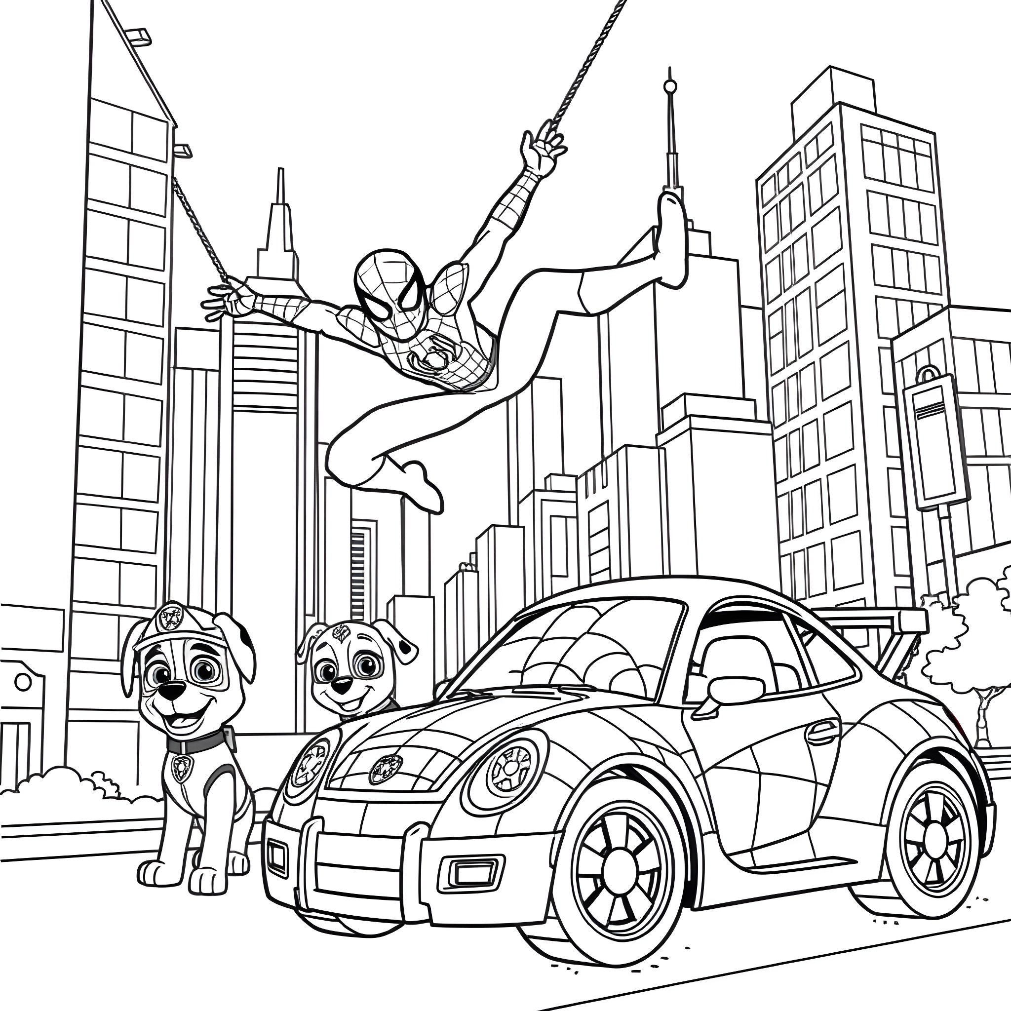 Spider-Man swinging over the city with Paw Patrol pups Coloring Page (free black-and-white line drawing printable PDF for all, from beginners to advanced learners, including children, teens, adults, and seniors)
