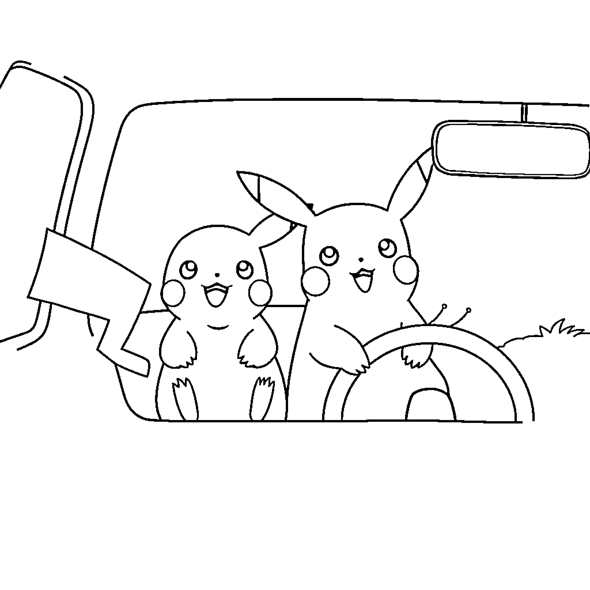 Pikachu and friends having fun in the car Coloring Page (free black-and-white line drawing printable PDF for all, from beginners to advanced learners, including children, teens, adults, and seniors)
