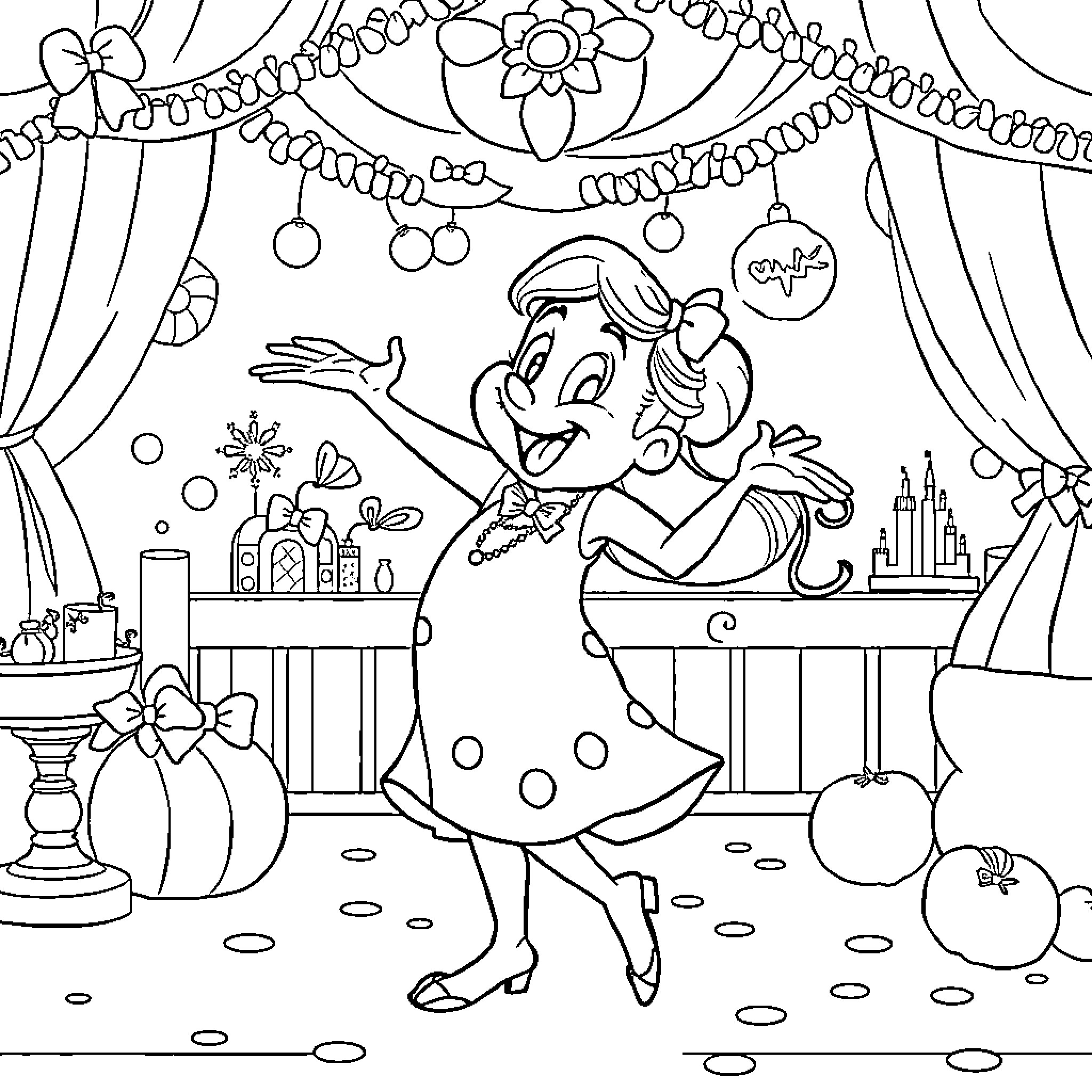 Coco's Enchanting Celebration with Whimsical Decorations Coloring Page (free black-and-white line drawing printable PDF for all, from beginners to advanced learners, including children, teens, adults, and seniors)