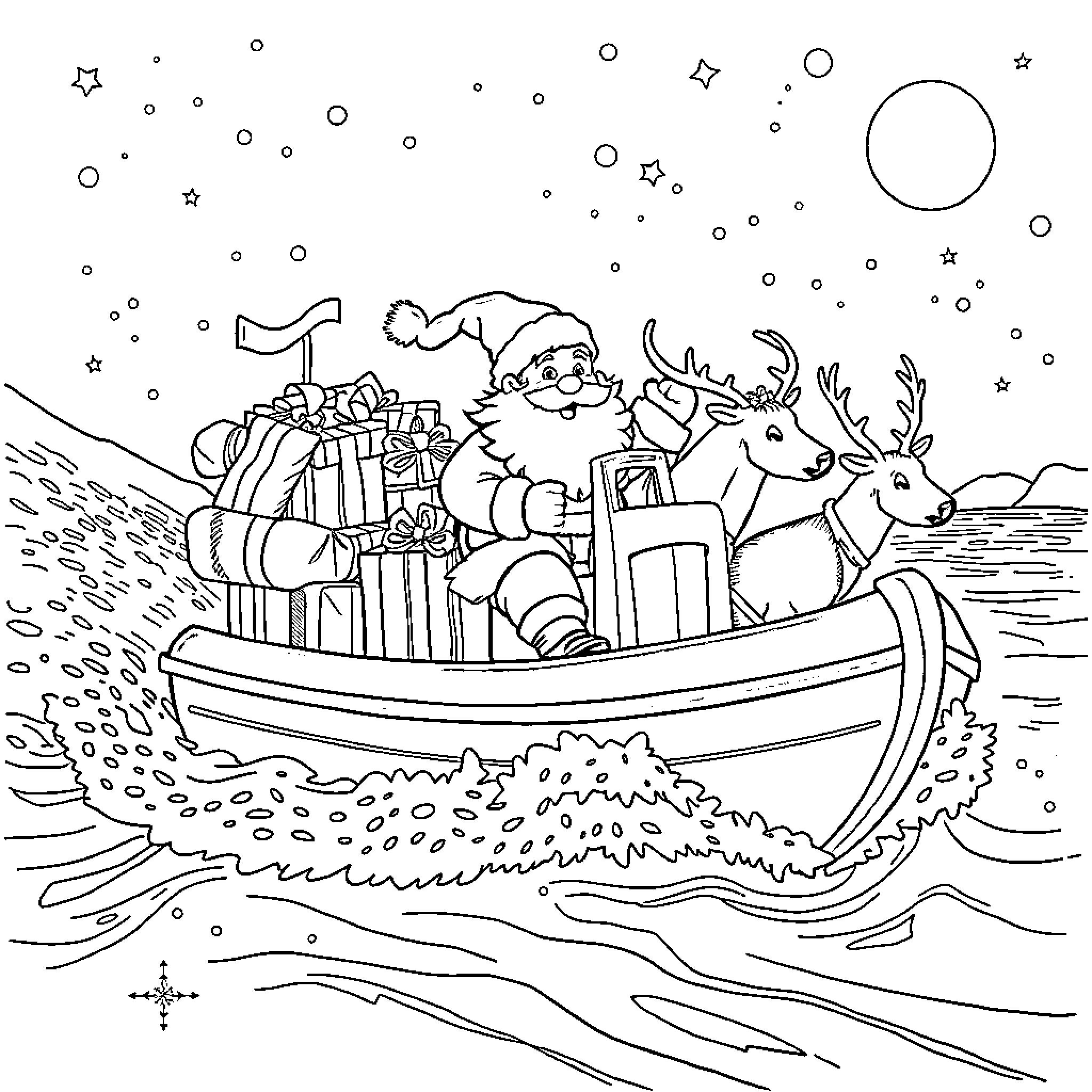 Santa Claus delivering gifts on a boat with reindeer Coloring Page (free black-and-white line drawing printable PDF for all, from beginners to advanced learners, including children, teens, adults, and seniors)