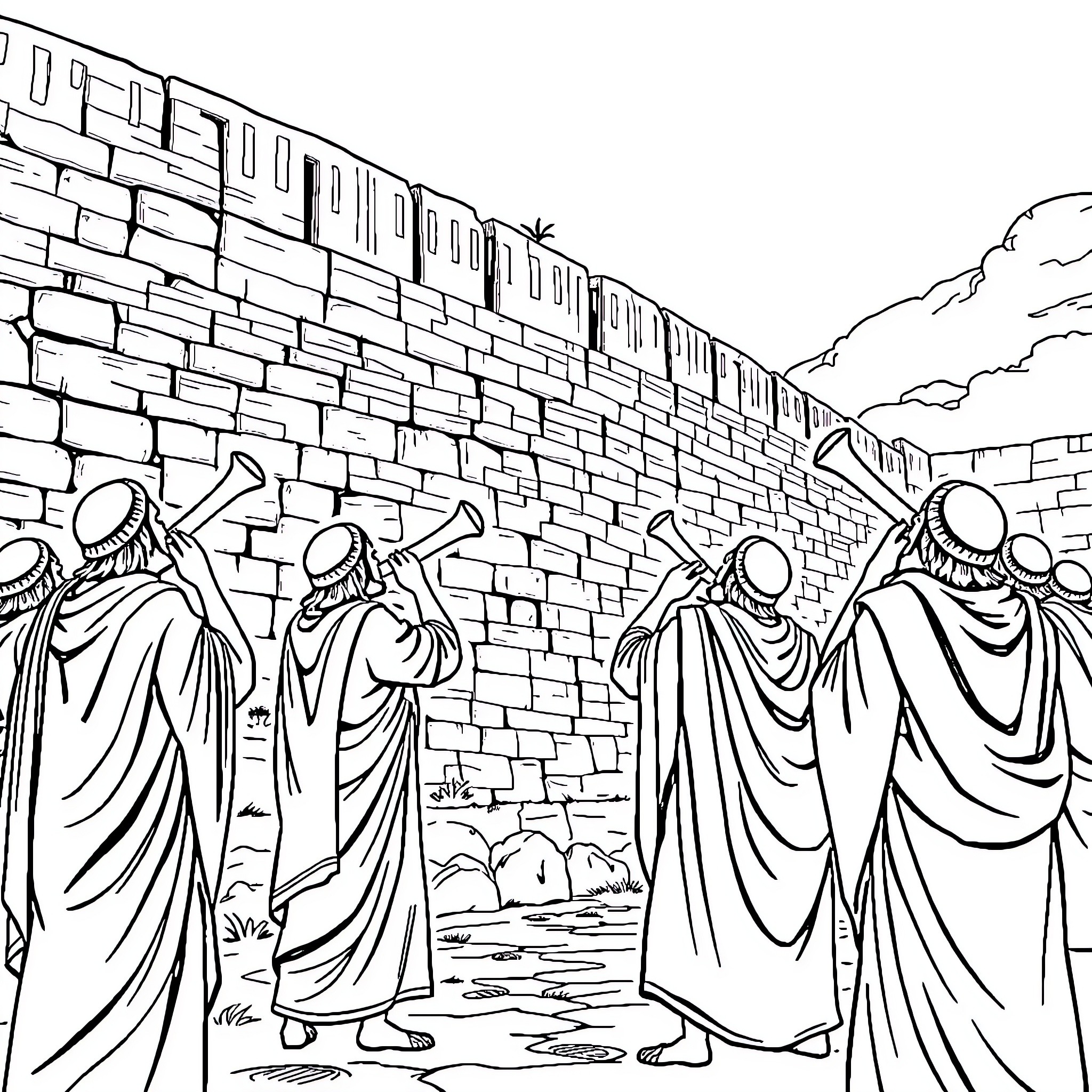 Hebrews Gathered at a Walled Enclosure Coloring Page (free black-and-white line drawing printable PDF for all, from beginners to advanced learners, including children, teens, adults, and seniors)
