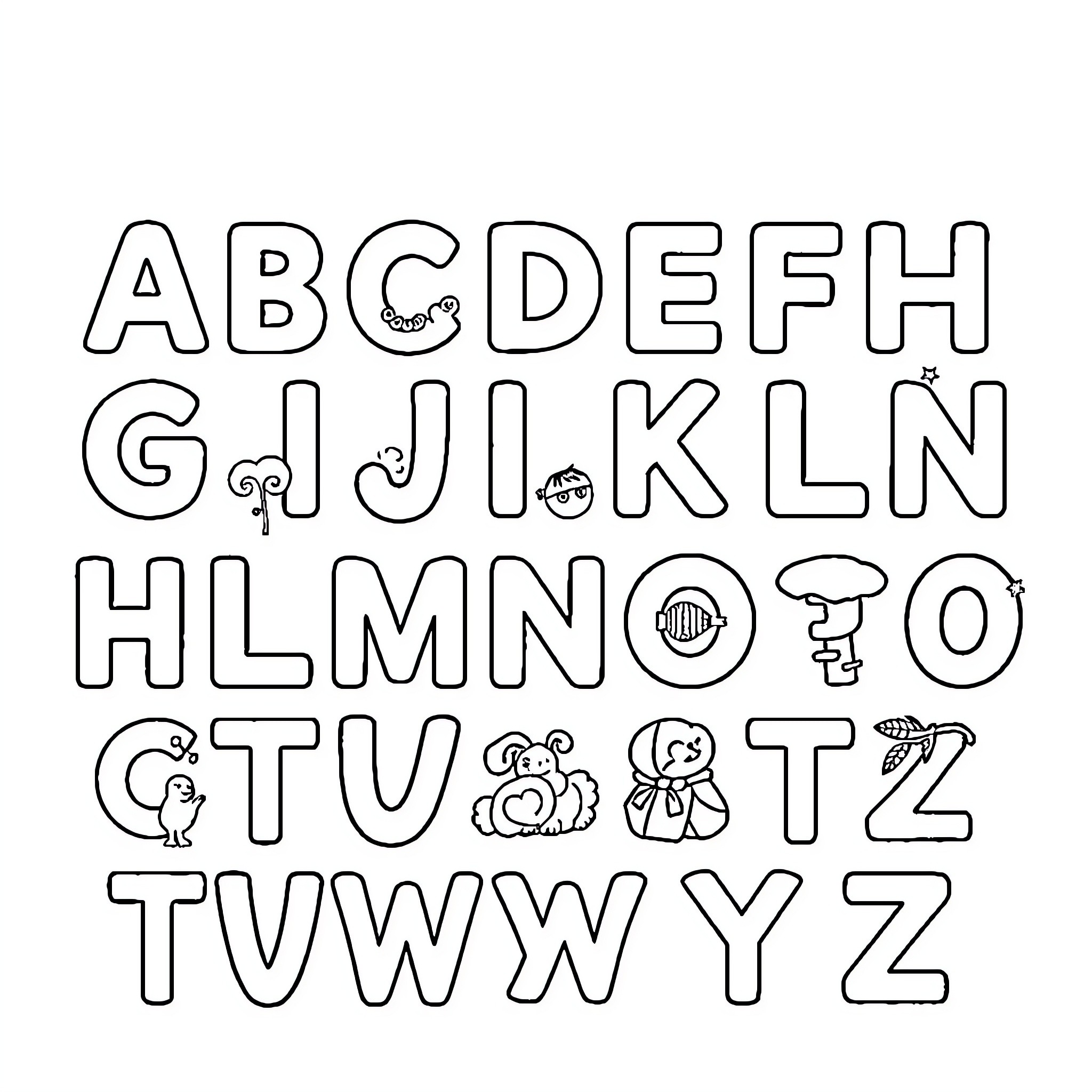 Alphabet Themed Doodle Art Coloring Page (free black-and-white line drawing printable PDF for all, from beginners to advanced learners, including children, teens, adults, and seniors)