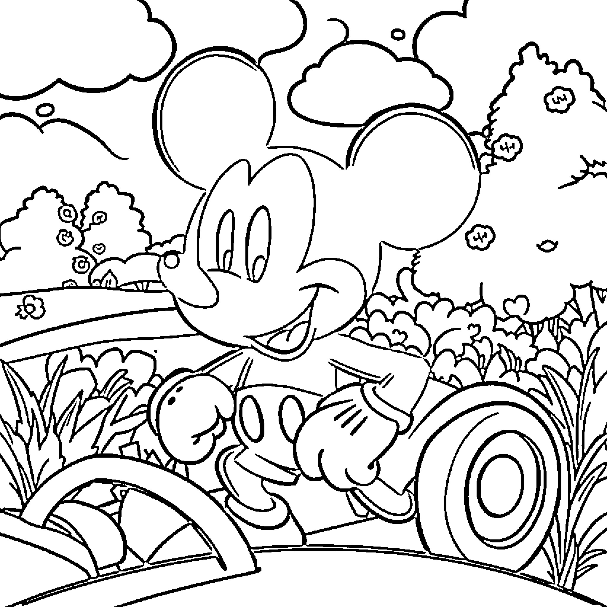 Mickey Mouse drives through a whimsical landscape Coloring Page (free black-and-white line drawing printable PDF for all, from beginners to advanced learners, including children, teens, adults, and seniors)