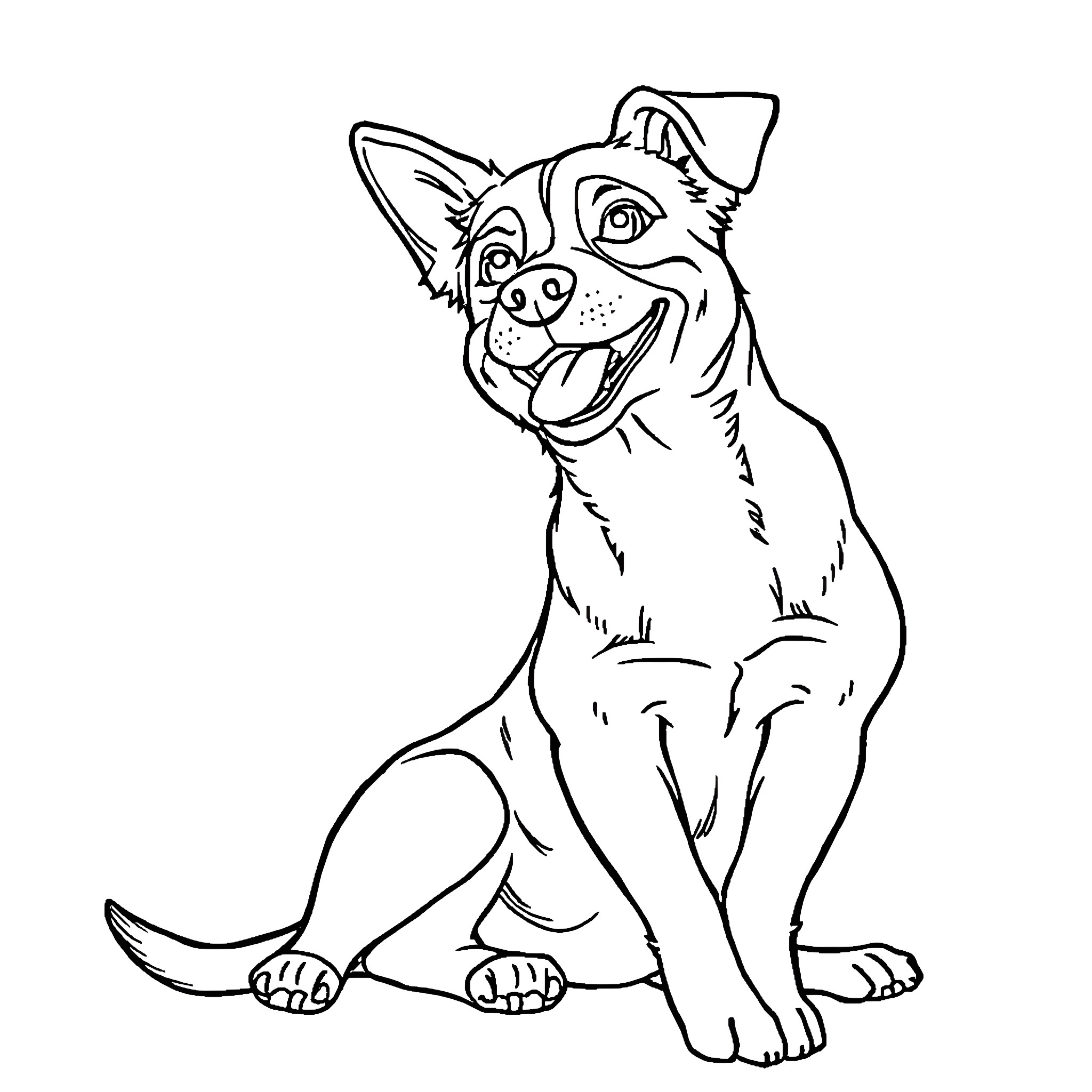 Dog sitting happily and smiling Coloring Page (free black-and-white line drawing printable PDF for all, from beginners to advanced learners, including children, teens, adults, and seniors)