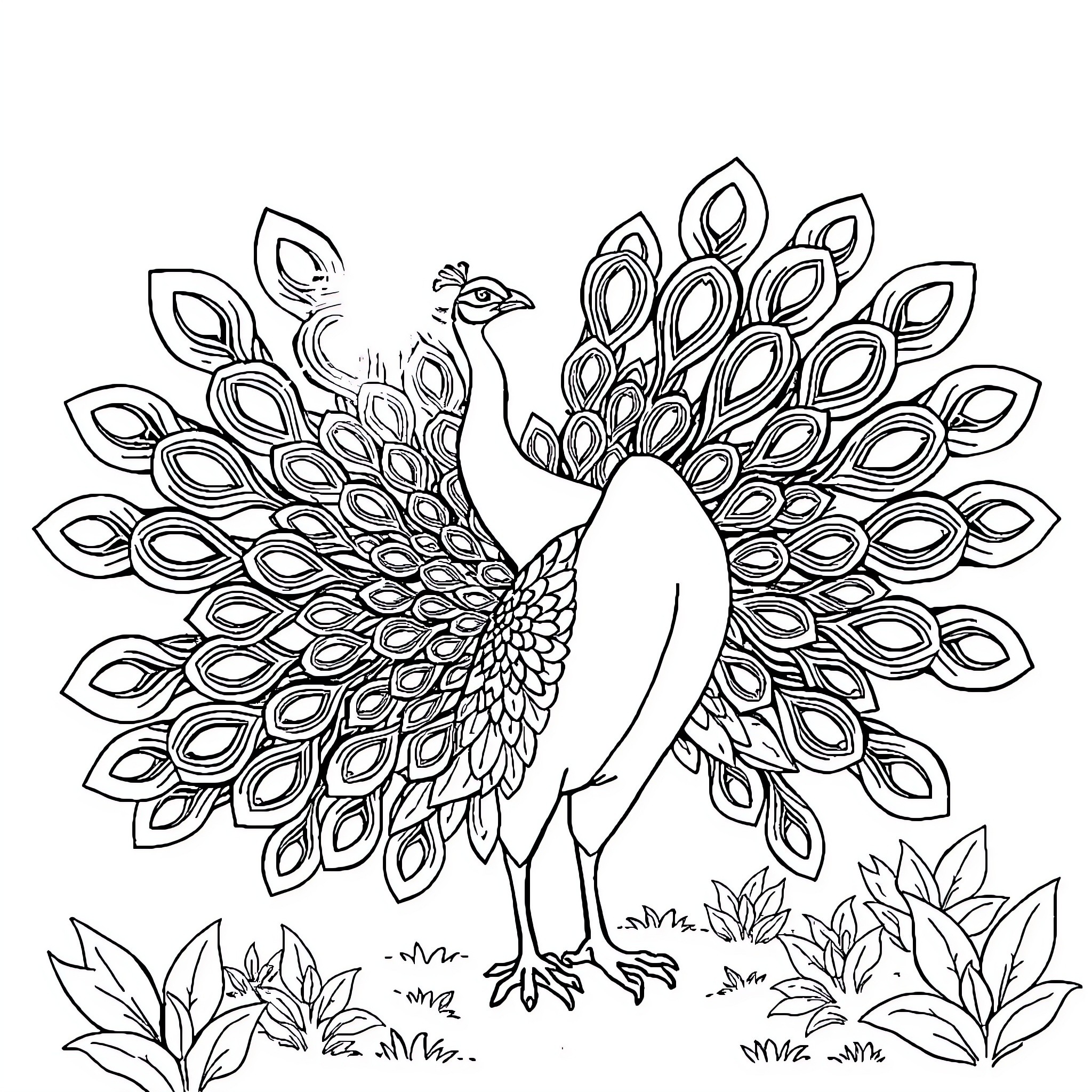Peacock displaying its magnificent feathers Coloring Page (free black-and-white line drawing printable PDF for all, from beginners to advanced learners, including children, teens, adults, and seniors)