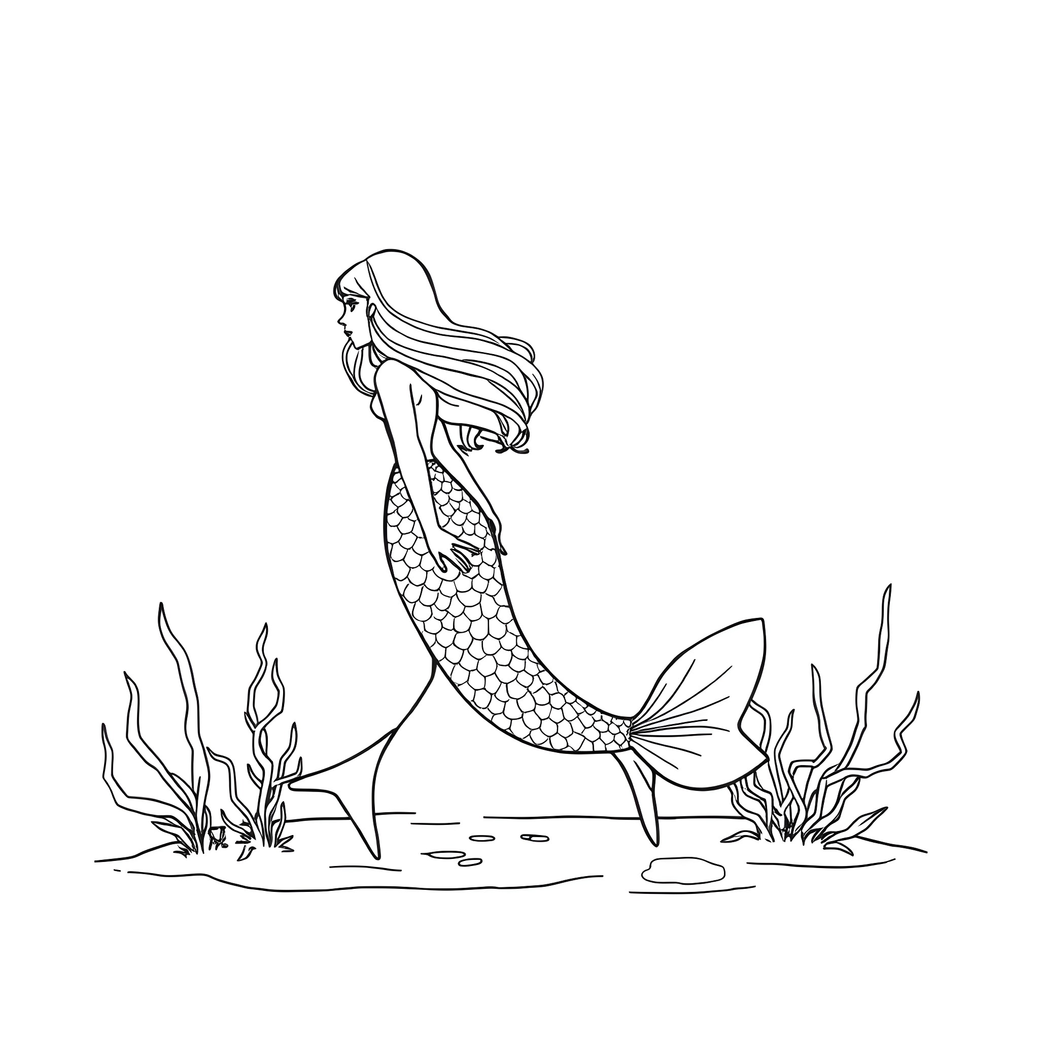 Mermaid swimming gracefully in the underwater world Coloring Page (free black-and-white line drawing printable PDF for all, from beginners to advanced learners, including children, teens, adults, and seniors)