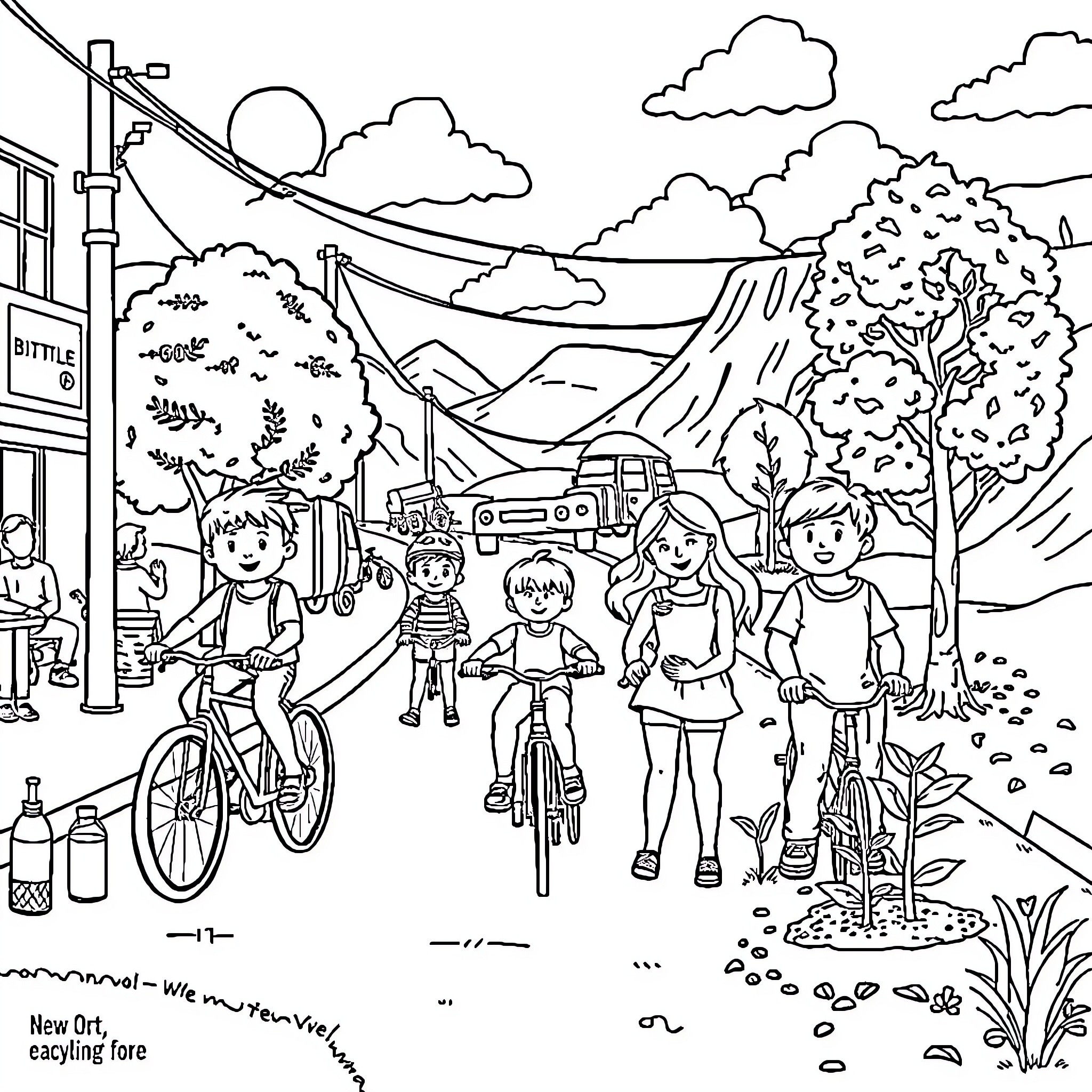 Recycling community activities in the city park Coloring Page (free black-and-white line drawing printable PDF for all, from beginners to advanced learners, including children, teens, adults, and seniors)