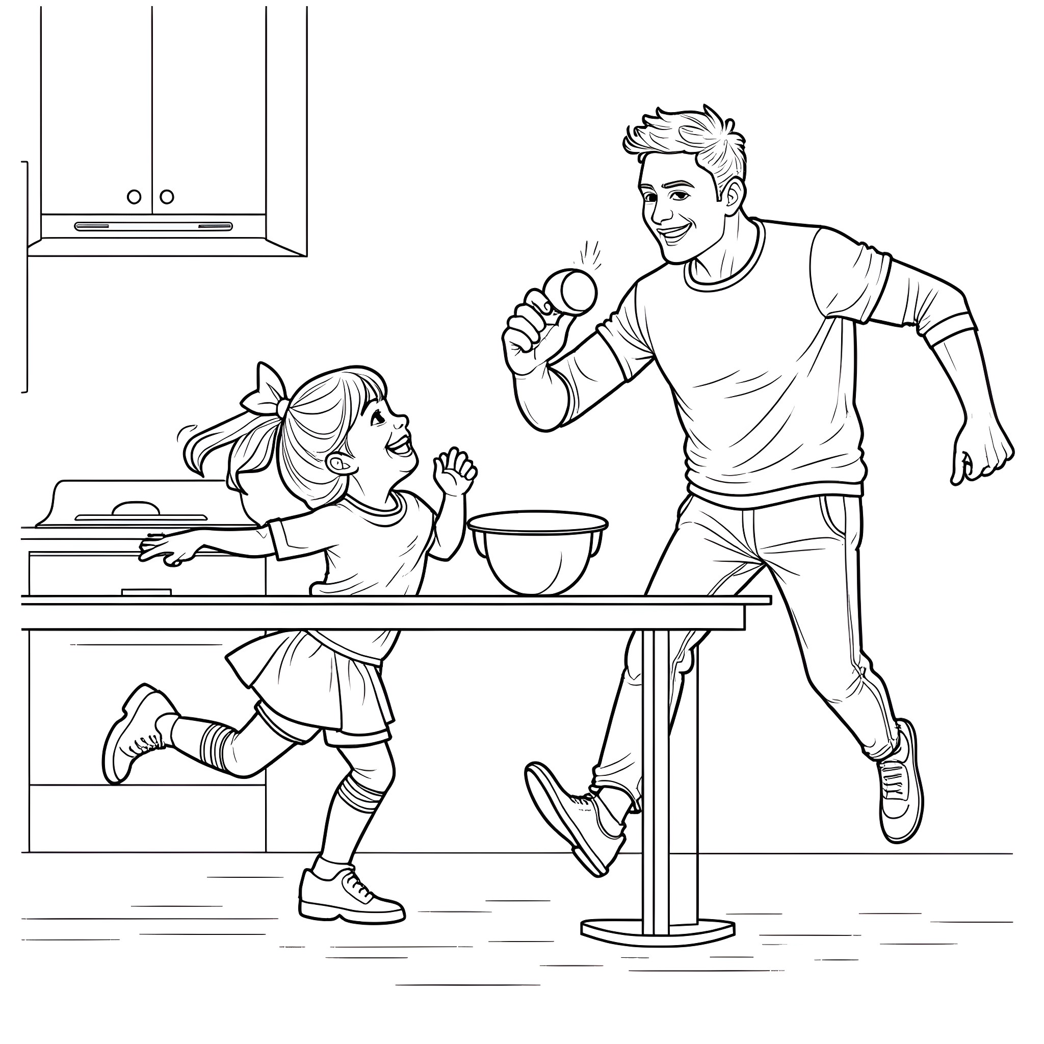 Dad cooking with daughter in the kitchen Coloring Page (free black-and-white line drawing printable PDF for all, from beginners to advanced learners, including children, teens, adults, and seniors)