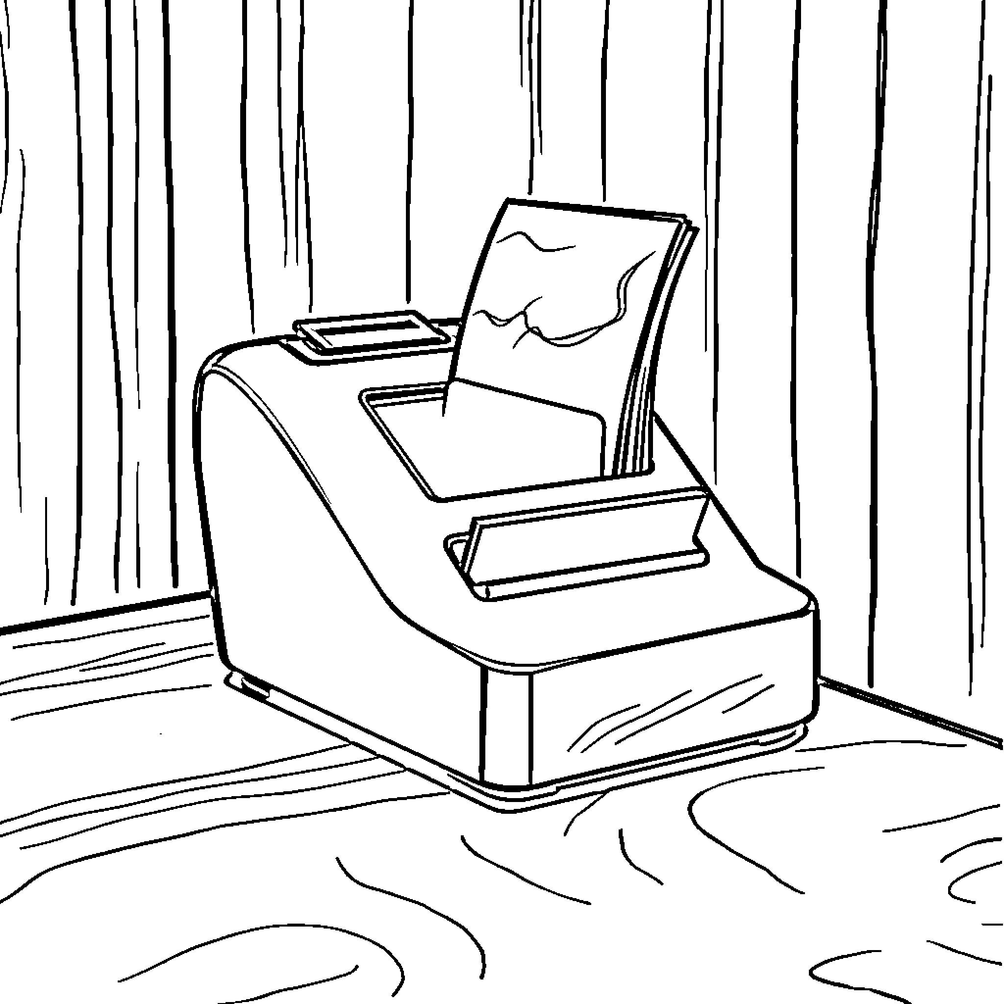 Card Scanner Capturing Payments in Office Coloring Page (free black-and-white line drawing printable PDF for all, from beginners to advanced learners, including children, teens, adults, and seniors)