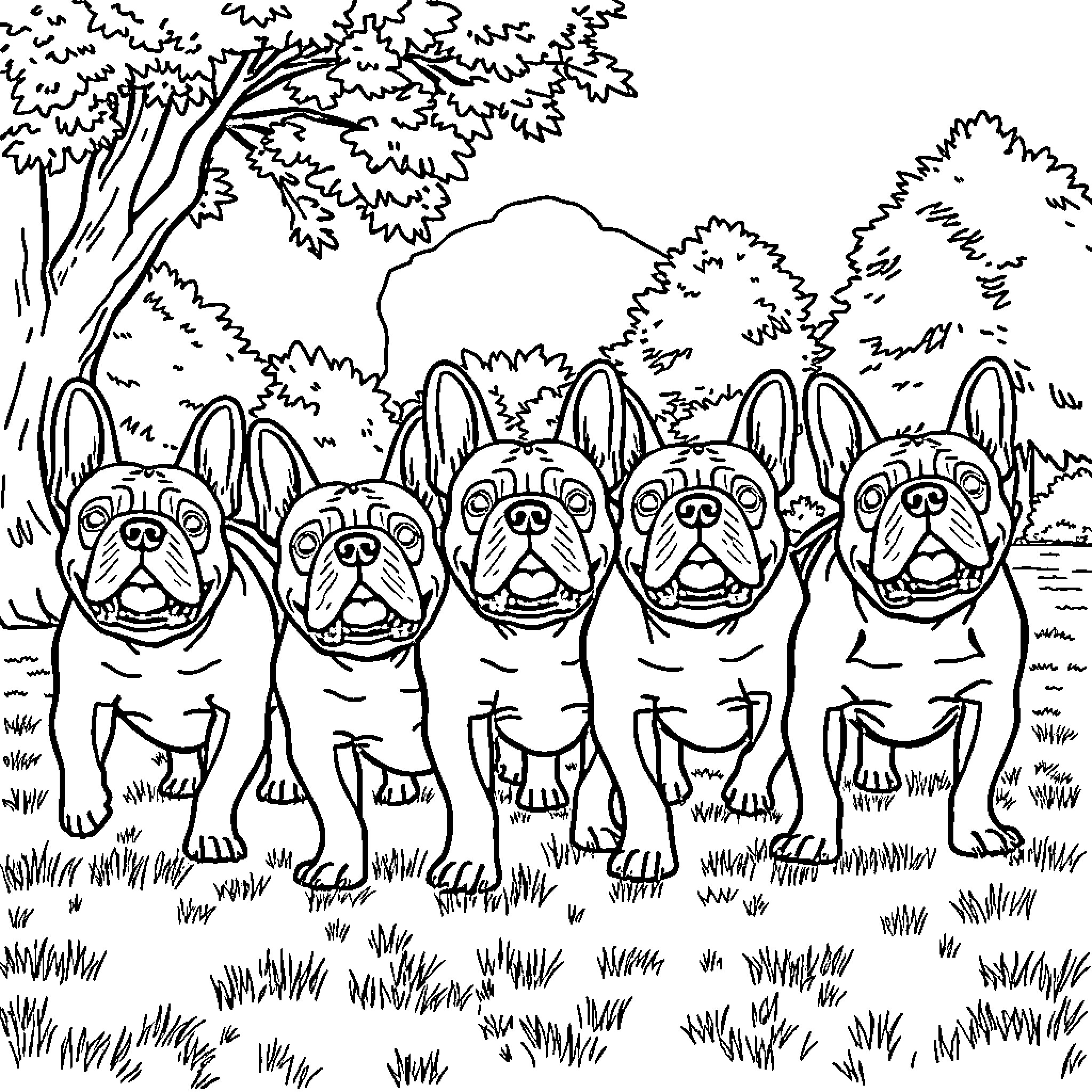 English Bulldogs playing in the park Coloring Page (free black-and-white line drawing printable PDF for all, from beginners to advanced learners, including children, teens, adults, and seniors)