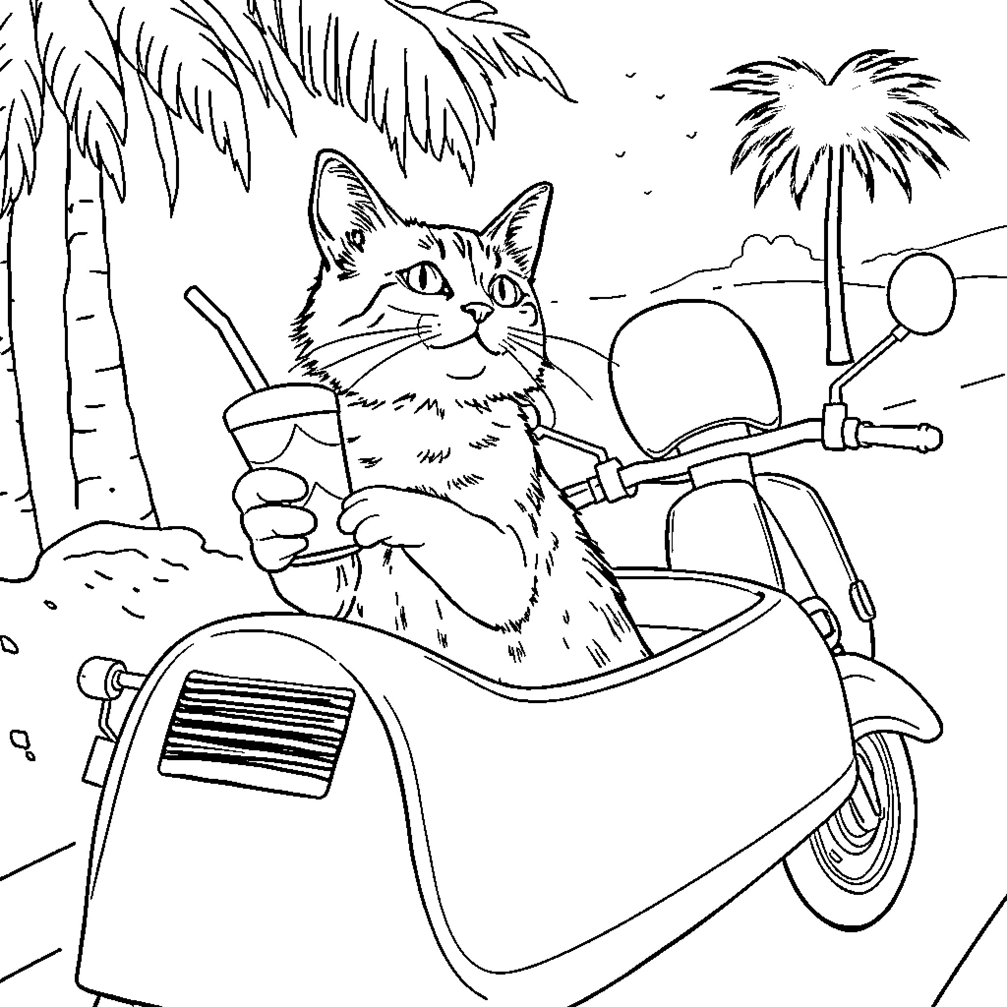 Gato riding scooter on beach Coloring Page (free black-and-white line drawing printable PDF for all, from beginners to advanced learners, including children, teens, adults, and seniors)